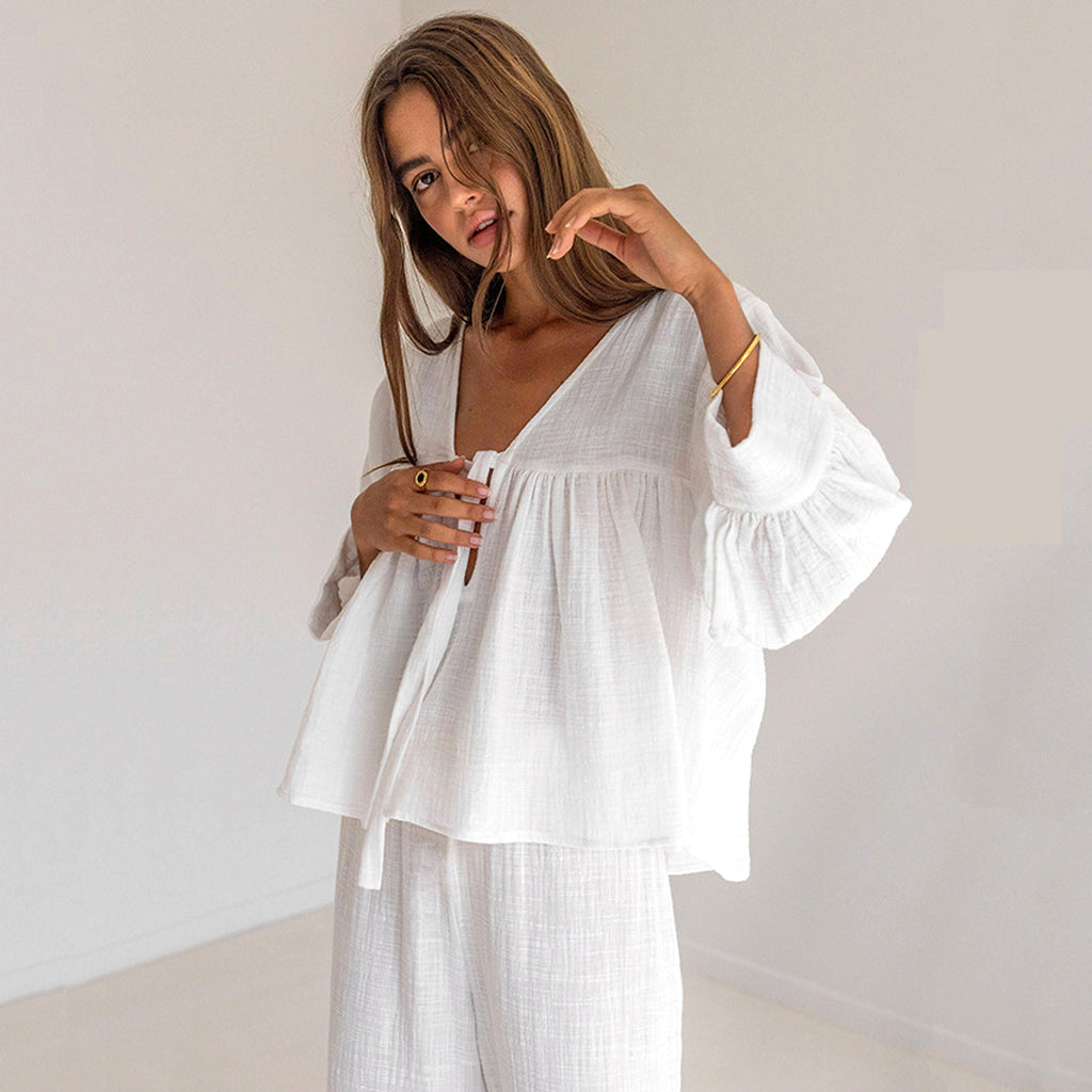 Women's Fashion Long Sleeve Double-layer Crepe Pajamas Trousers Loose Outfit - enhanced image 7