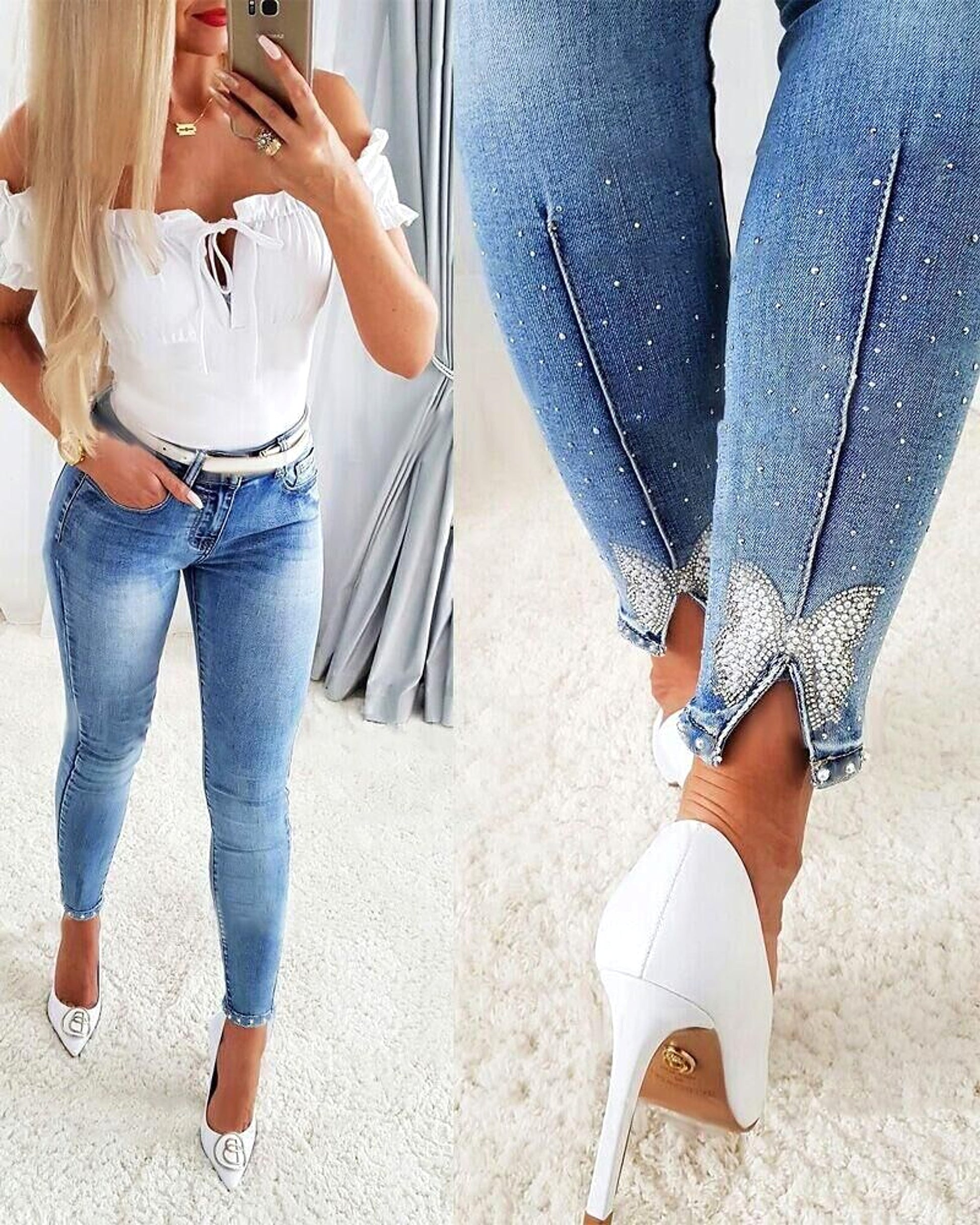 Women's Jeans European And American Trendy High Waist Beaded Skinny Tappered Pants - enhanced image 7