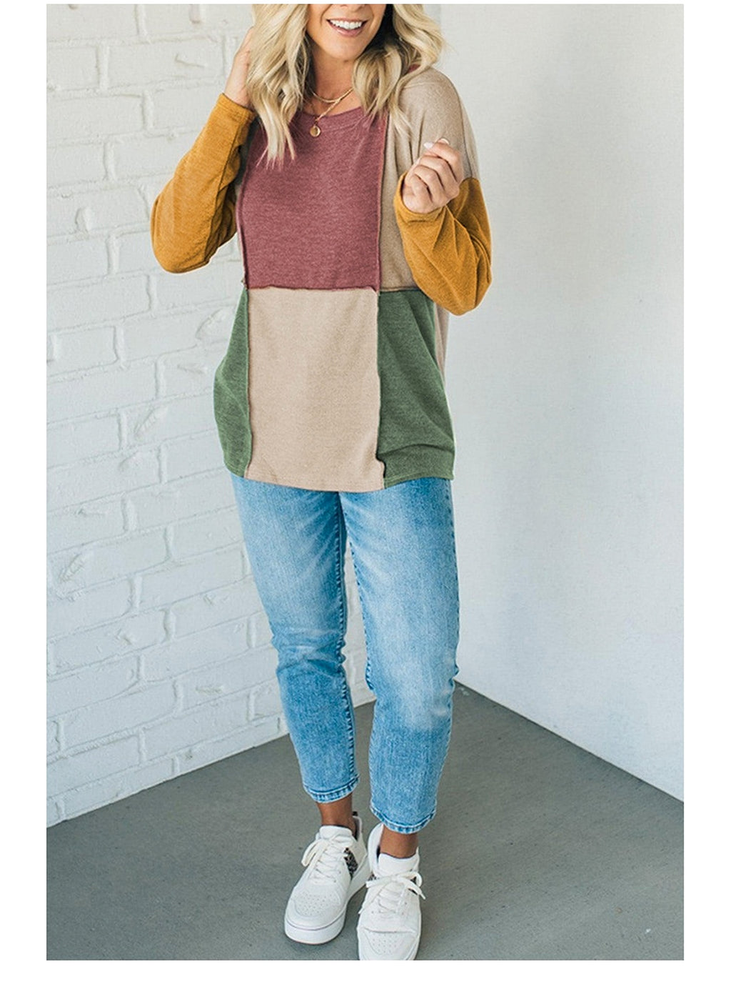 Women's Knitted Round Neck Irregular Contrast Color Long Sleeves Casual Top T-shirt - enhanced image 7