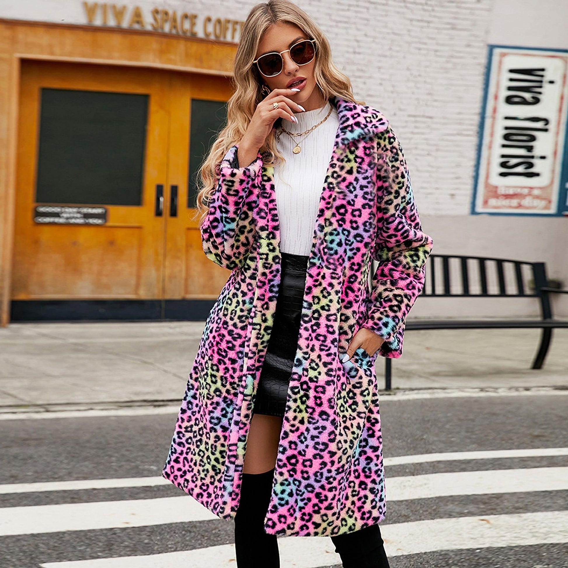 Women's Leopard Print Imitation Fur Plush Lapel Coat - enhanced image 7