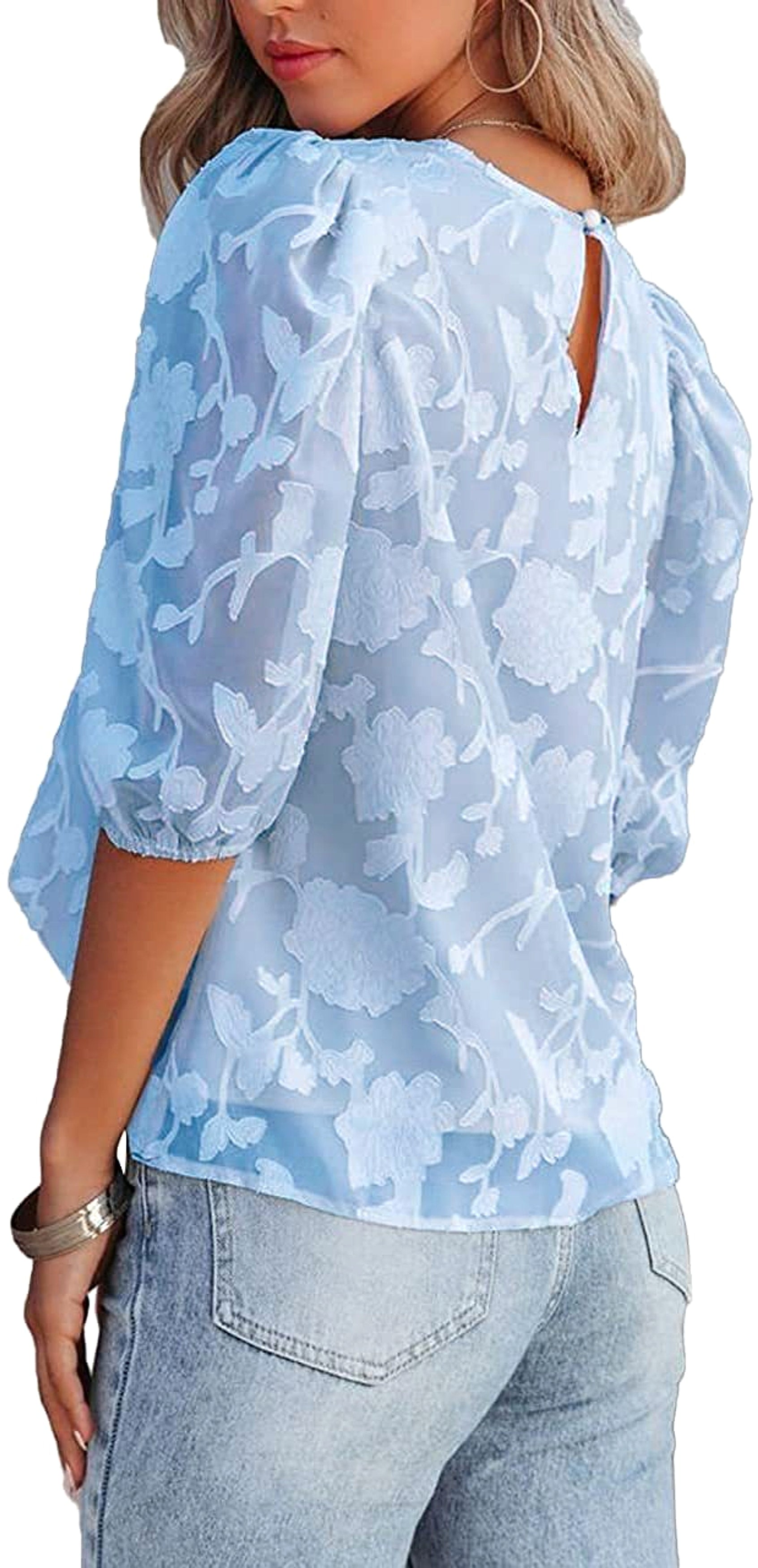 Women's Puff Sleeve Chiffon Loose Top Flower Texture T-Shirt - enhanced image 7