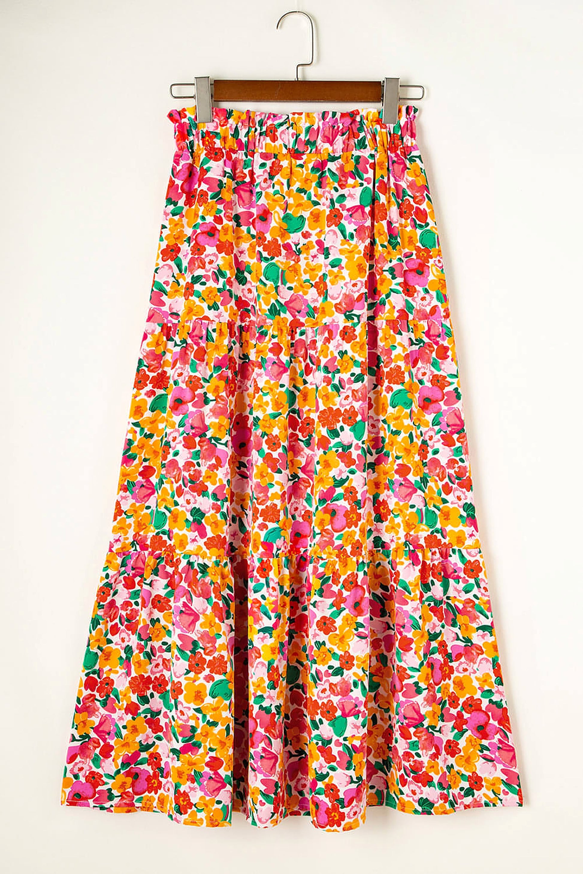 Yellow Boho Floral Print Tiered Long Skirt - enhanced image 7