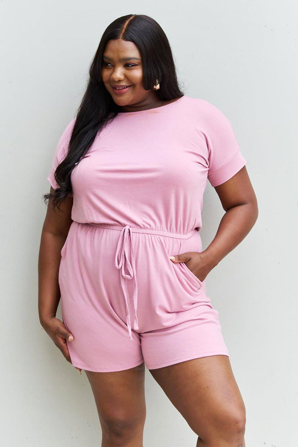 Zenana Chilled Out Full Size Short Sleeve Romper in Light Carnation Pink - enhanced image 7