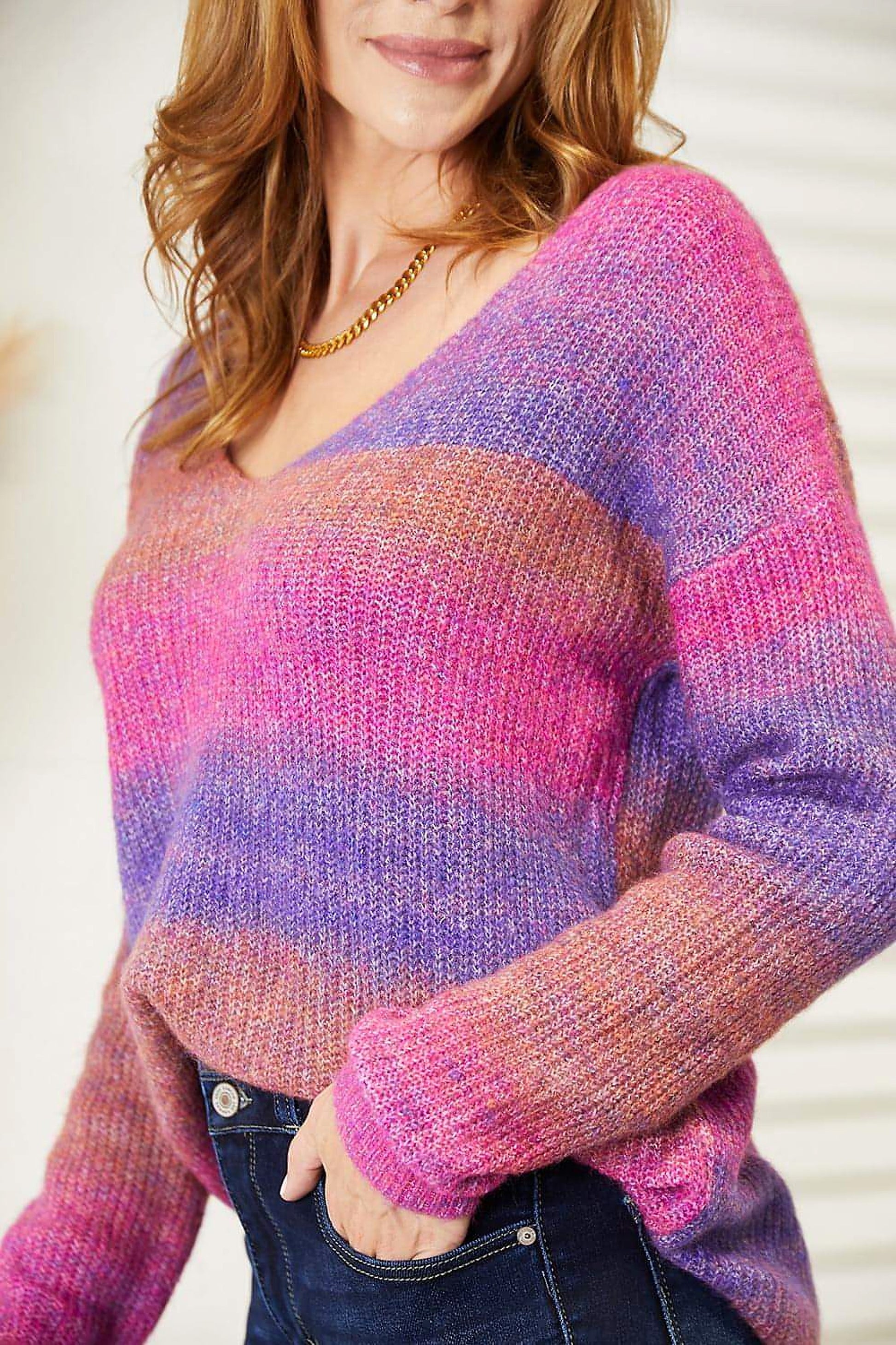 Angel Wings Multicolored Rib-Knit V-Neck Knit Pullover - enhanced image 8
