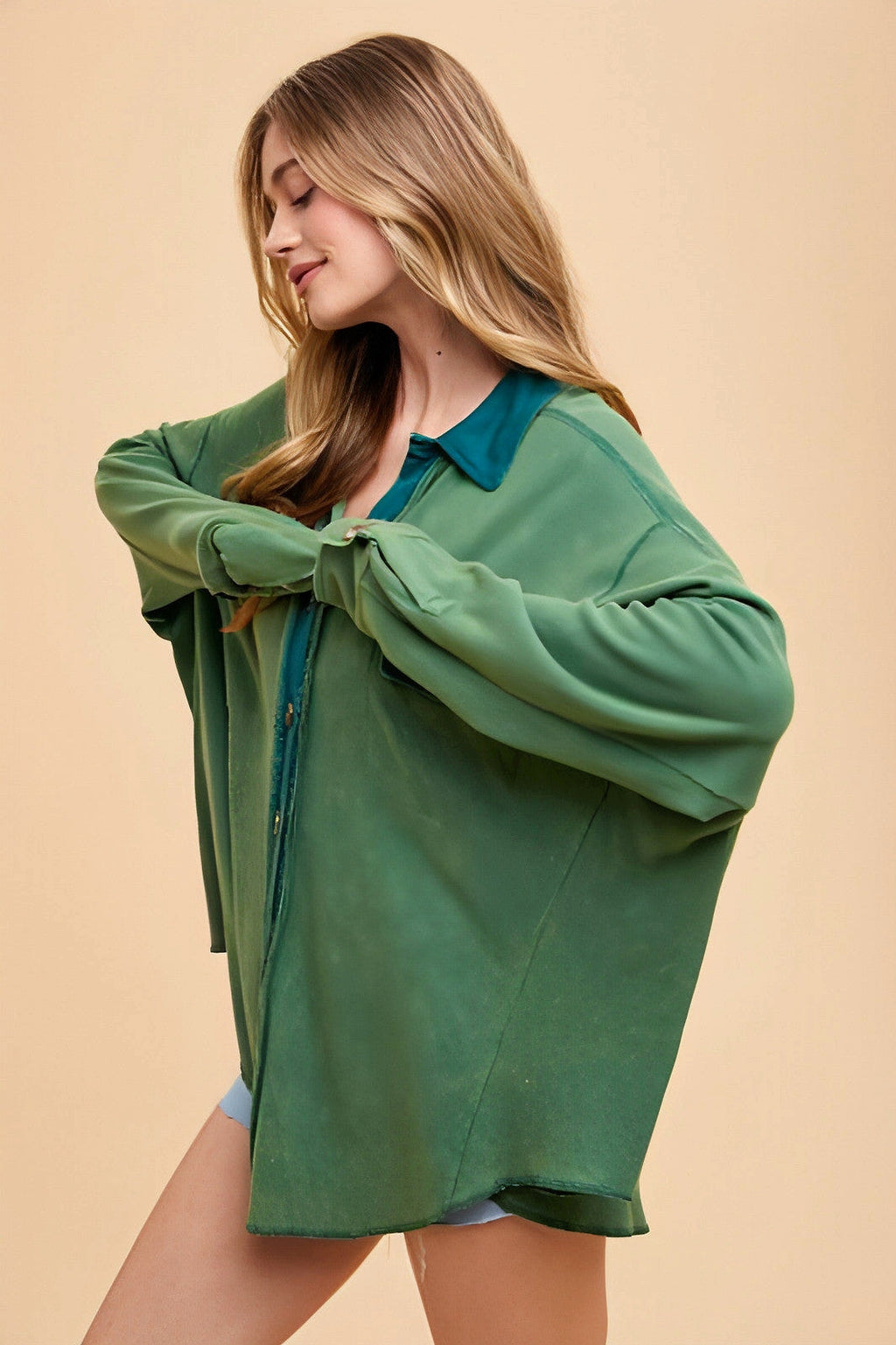 Annie Wear Waffle-Knit Mineral Washed Button Down Shirt - enhanced image 8