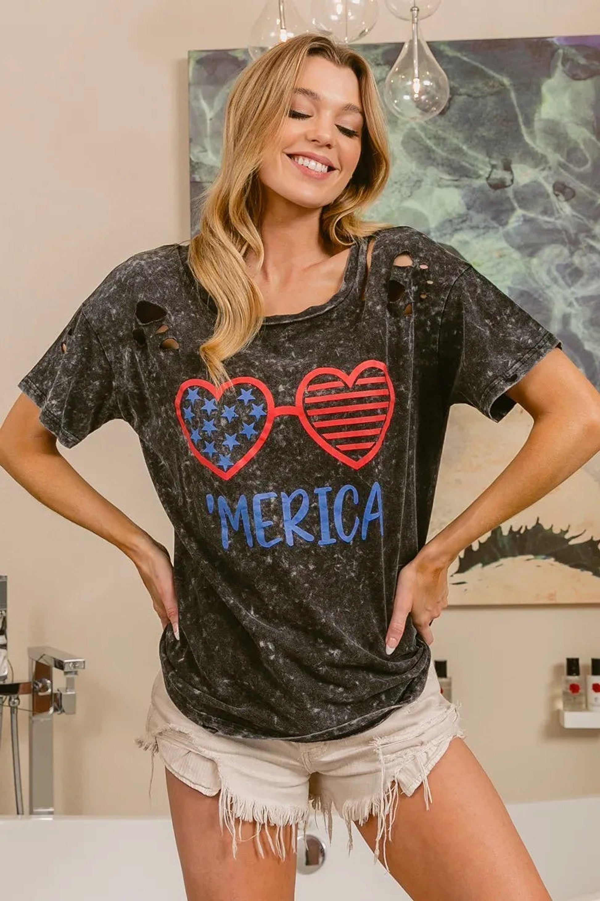 BiBi 4th Of July Theme Mineral Washed Laser Cut Top - enhanced image 8