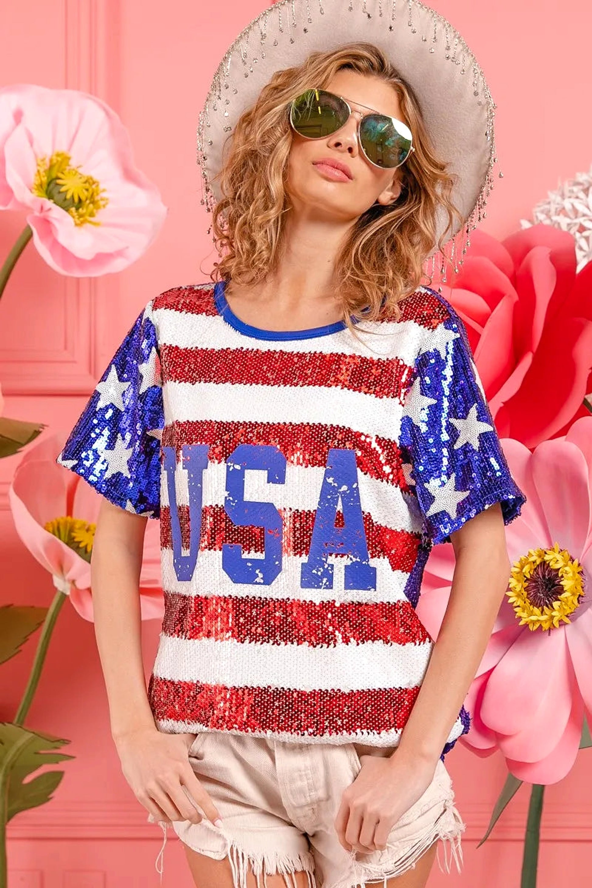 BiBi American Flag Theme USA Lettering Sequin Top - enhanced image 8