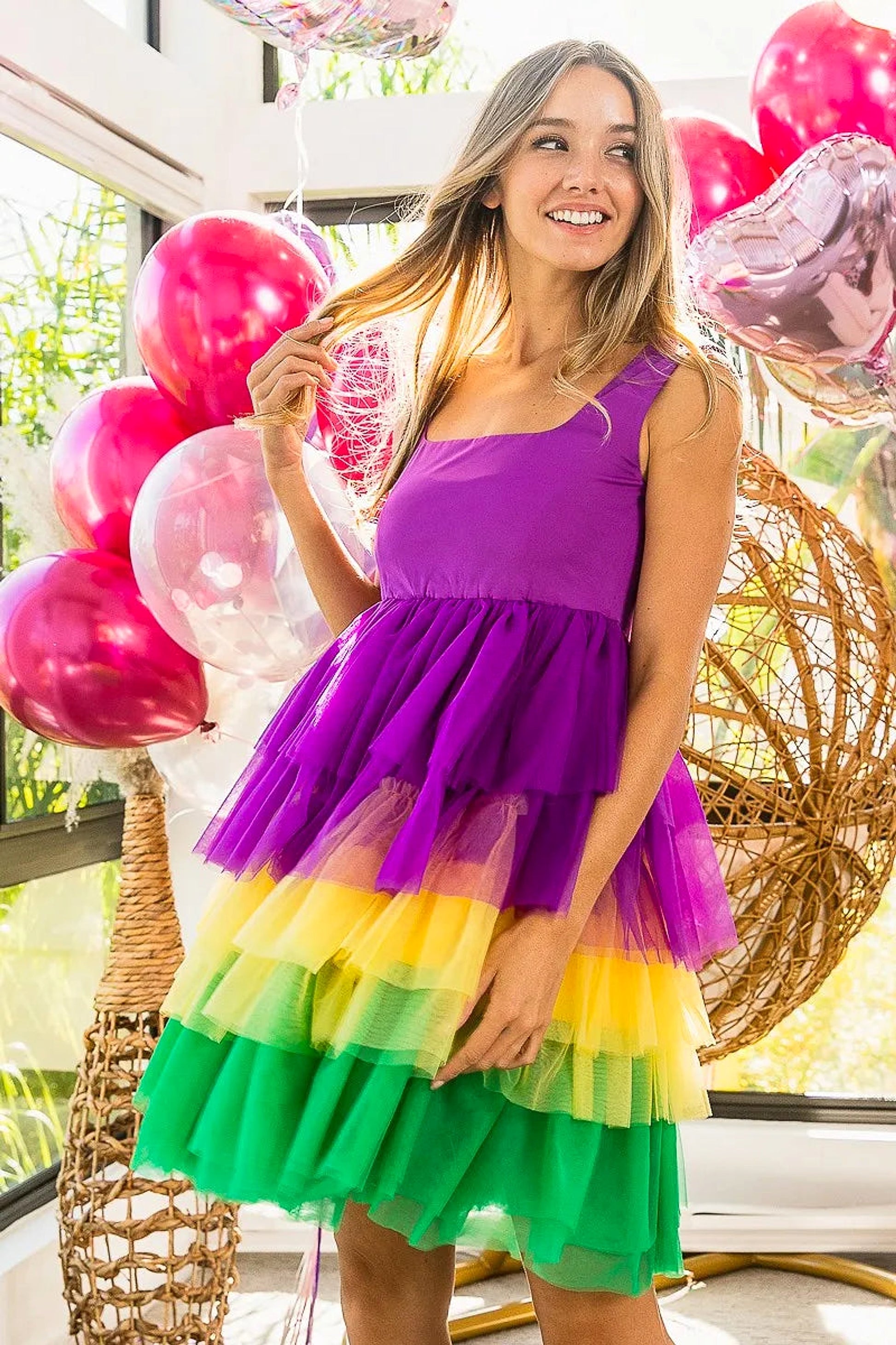 BiBi Mardi Gras Color Block Layered Mesh Tiered Dress - enhanced image 8