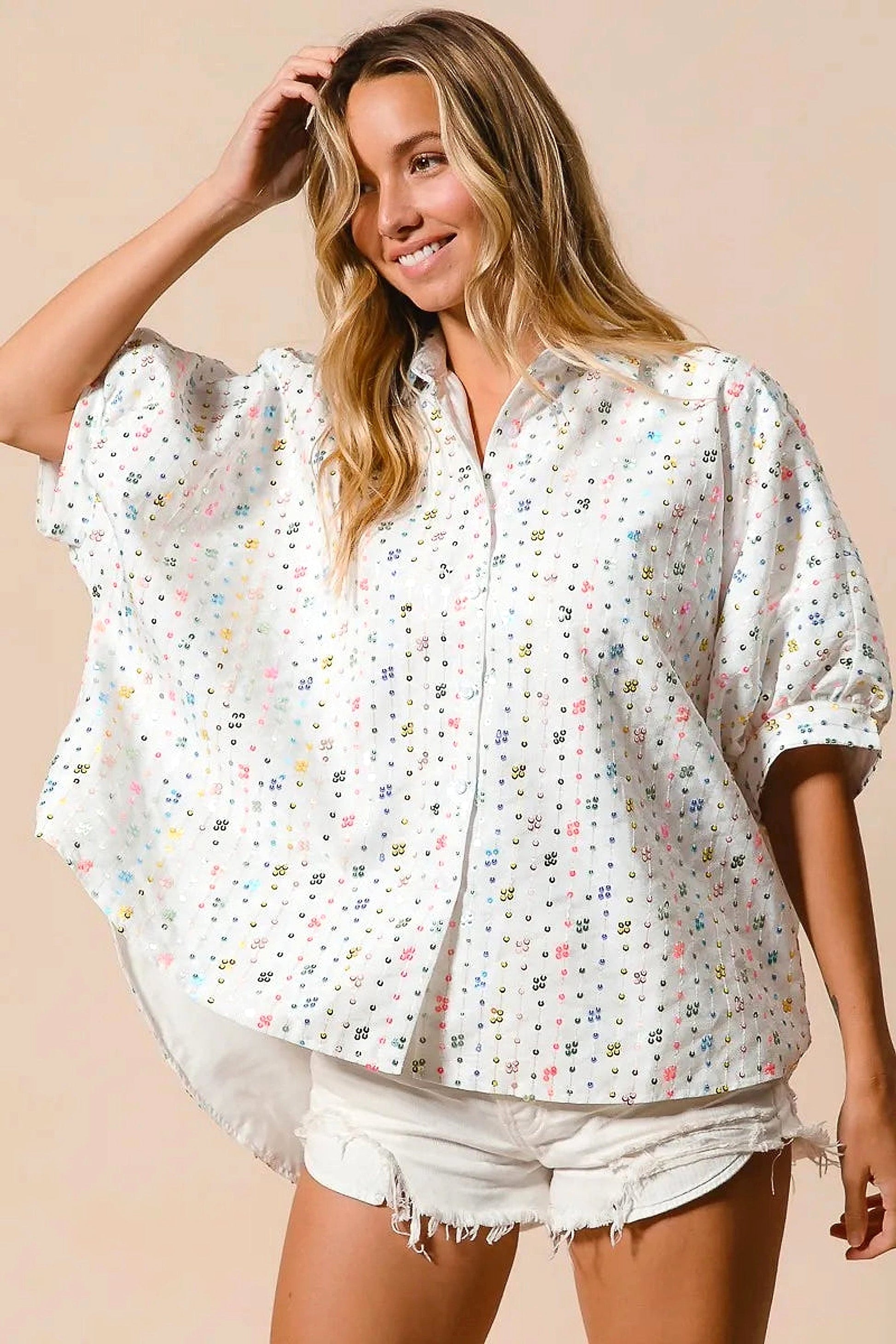 BiBi Sequin Striped Short Dolman Sleeve Blouse - enhanced image 8