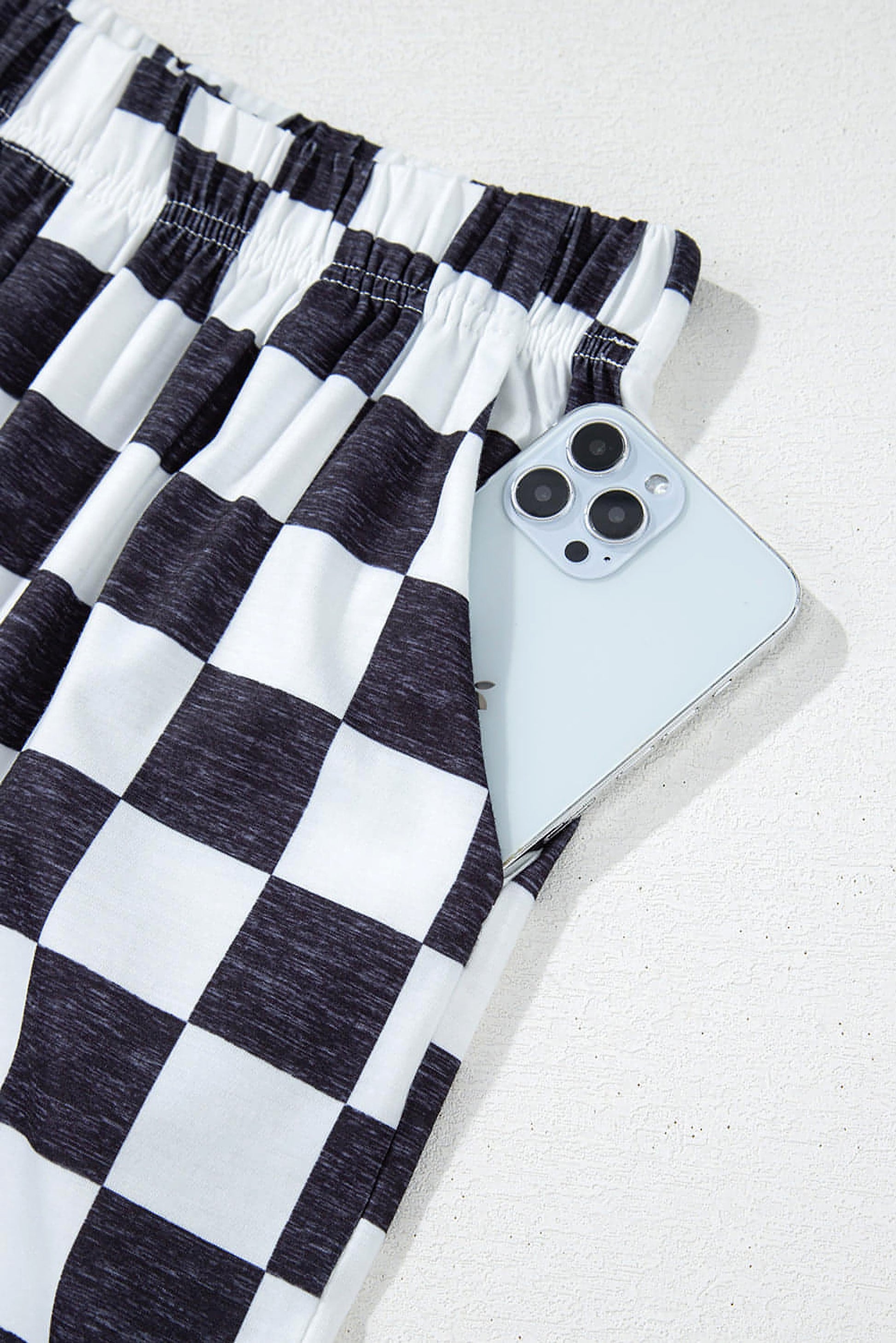 Black 2-Tone Checked Print High Waist Wide Leg Pants - enhanced image 8