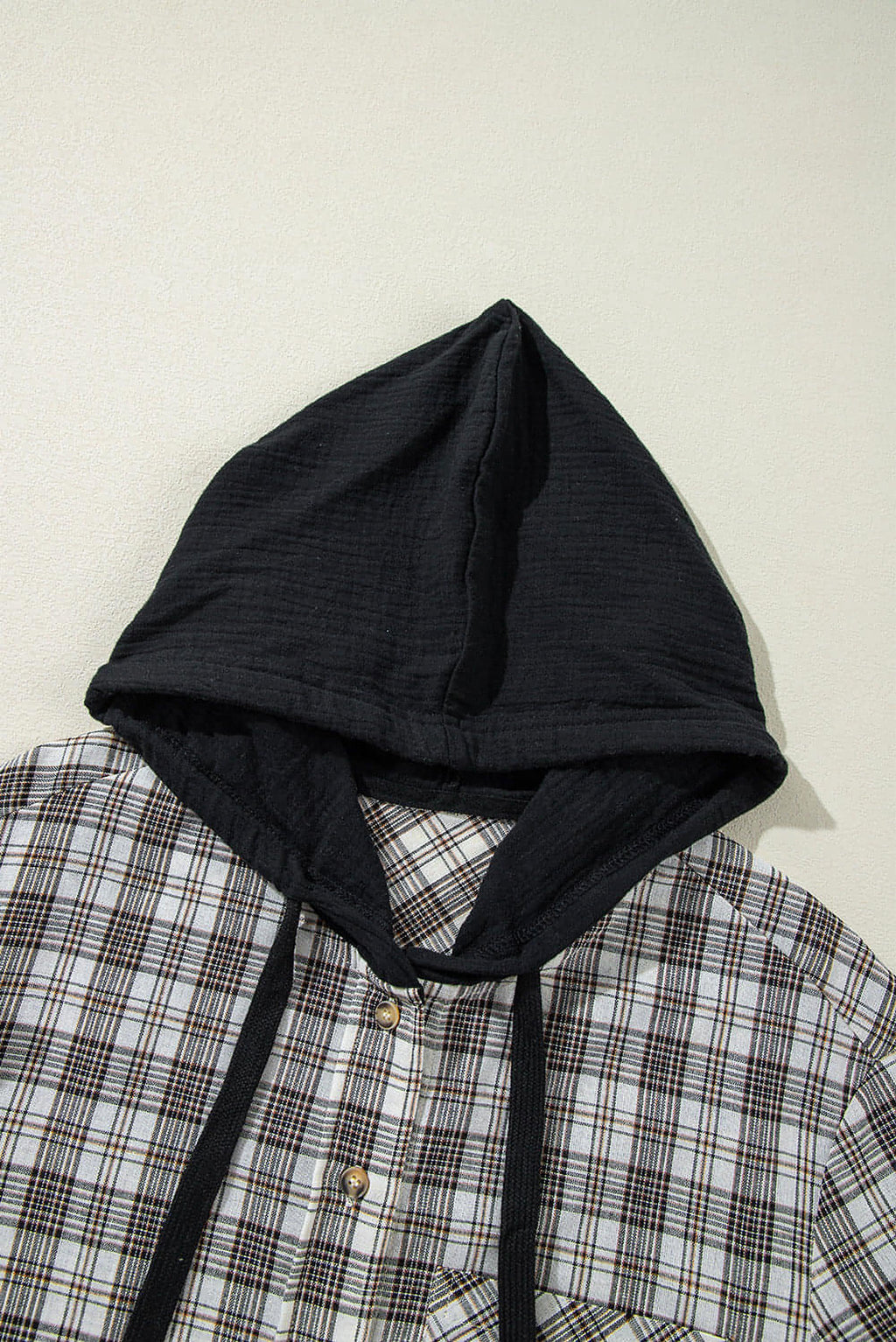 Black Checkered Print Loose Fit Buttoned Hooded Shacket - enhanced image 8