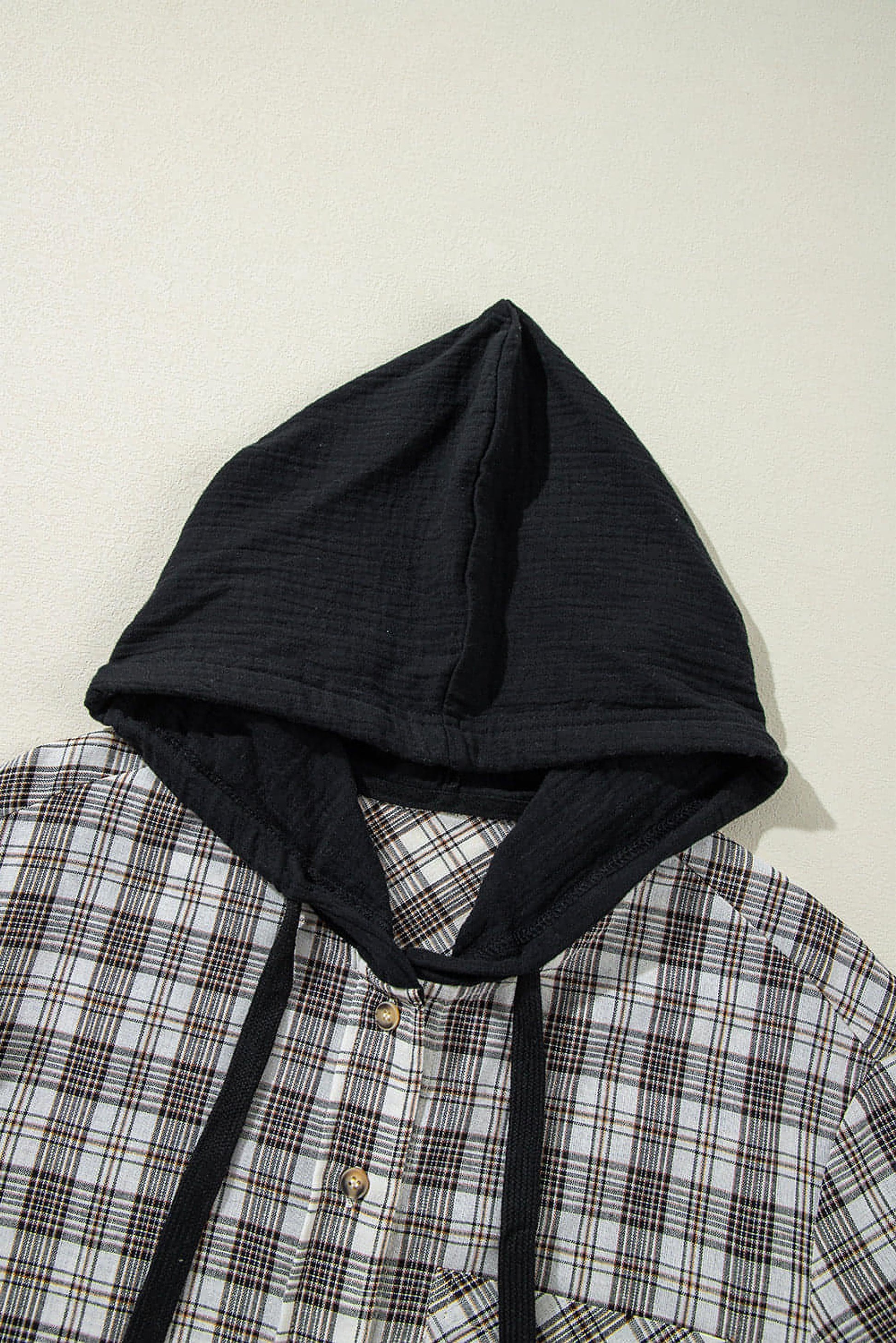 Black Checkered Print Loose Fit Buttoned Hooded Shacket - enhanced image 8