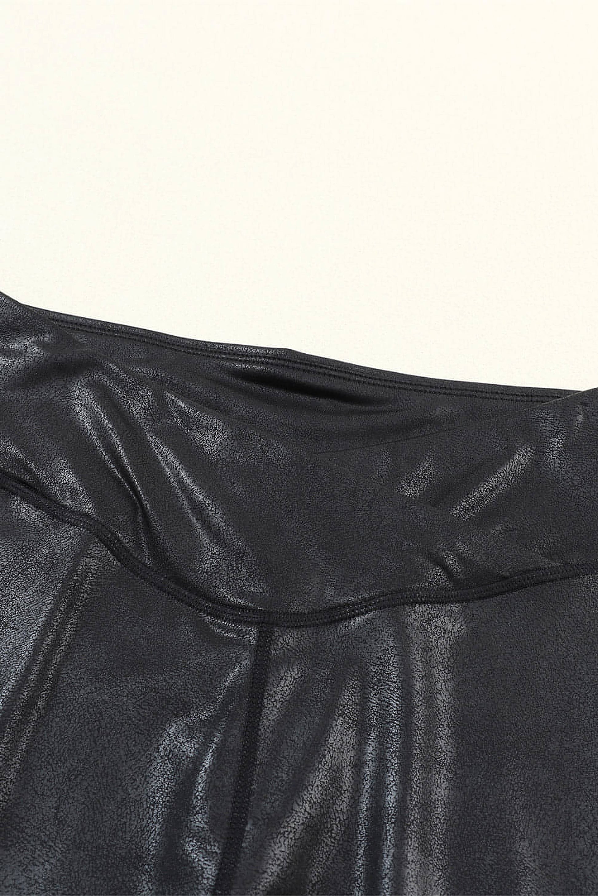 Black Crossed Dip Waist Sleek Leather Leggings - enhanced image 8