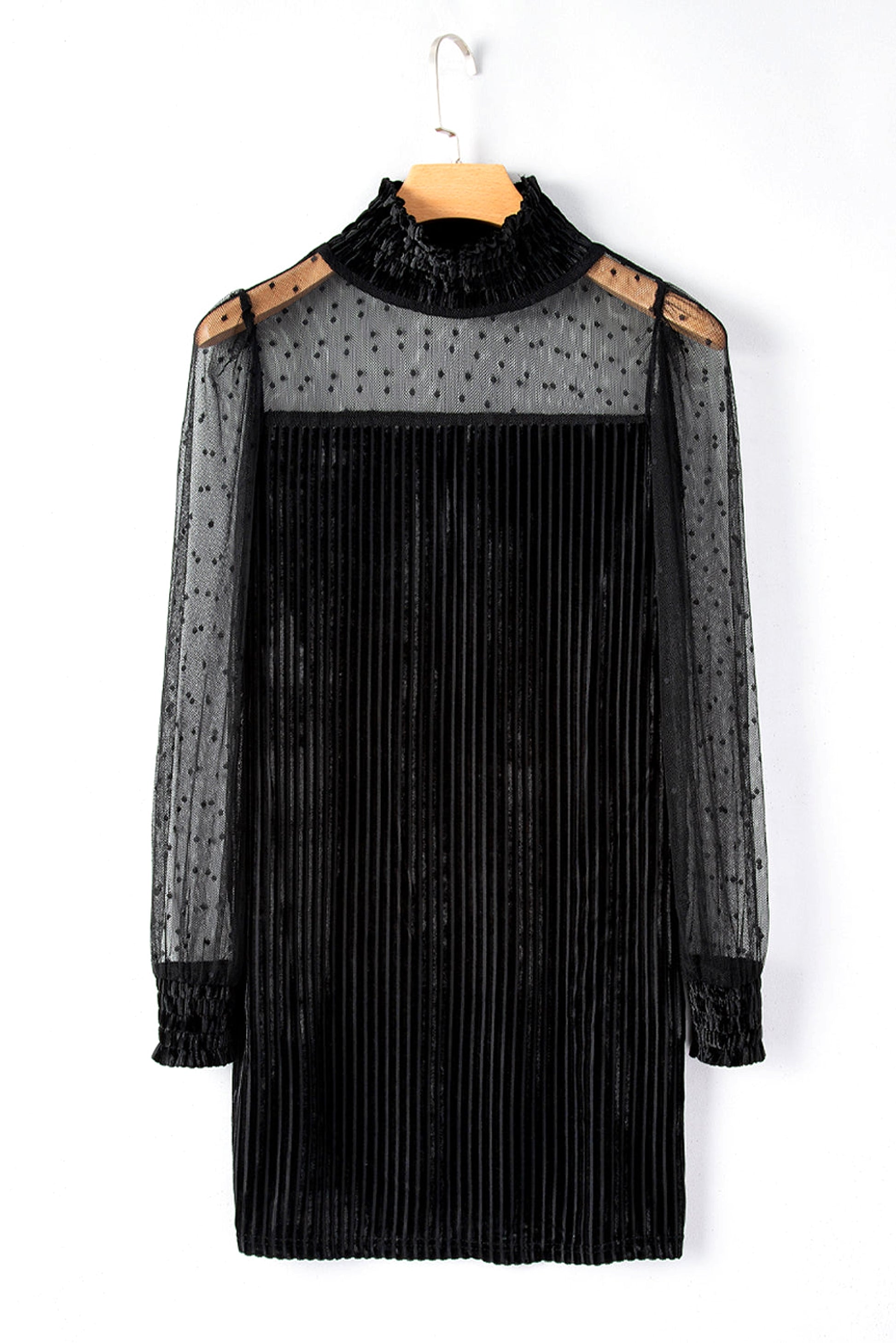 Black Dotted Mesh Striped Frilled Neck Bubble Sleeve Dress - enhanced image 8