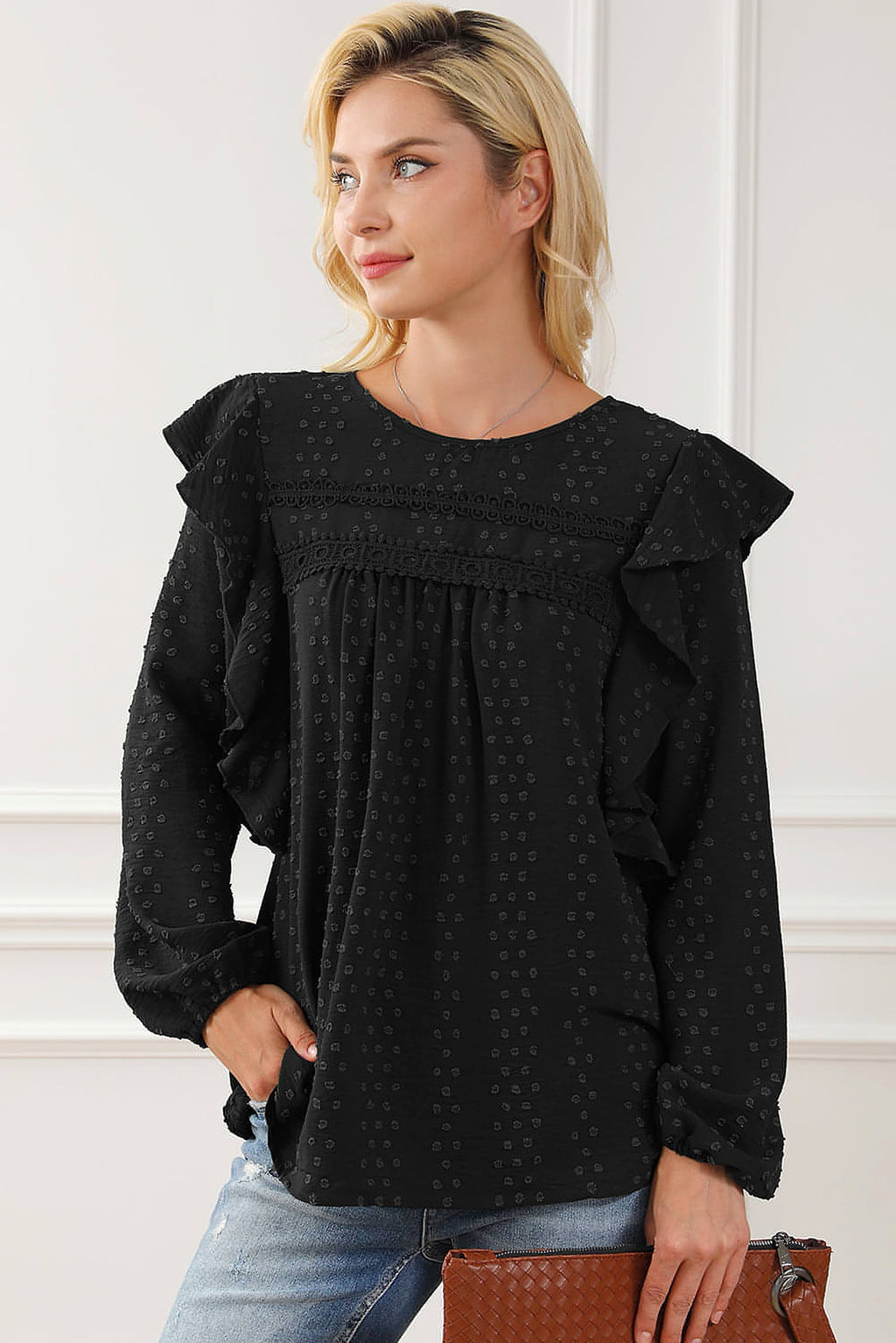 Black Lace Eyelet Ruffle Shoulder Long Sleeve Blouse - enhanced image 8