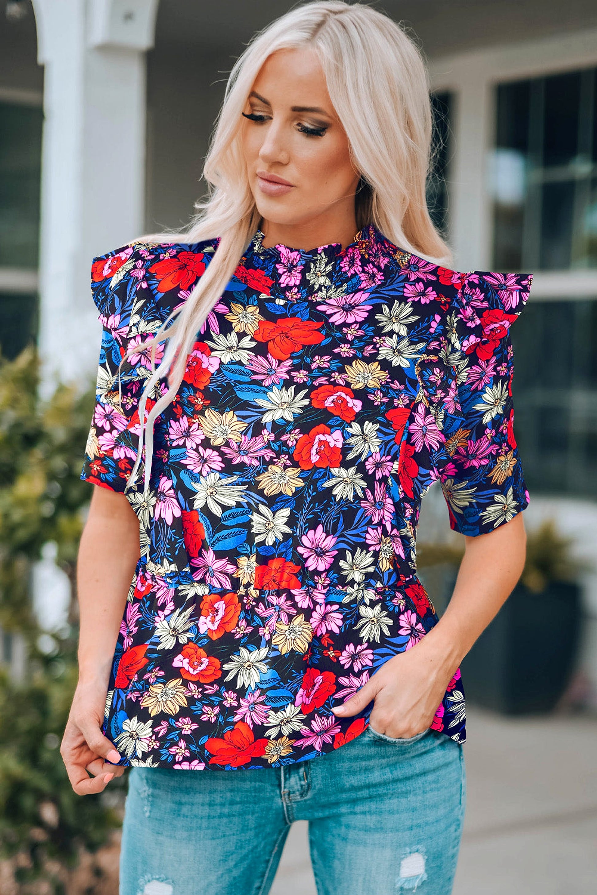 Blue Floral Print Ruffle Peplum Top - enhanced image 8