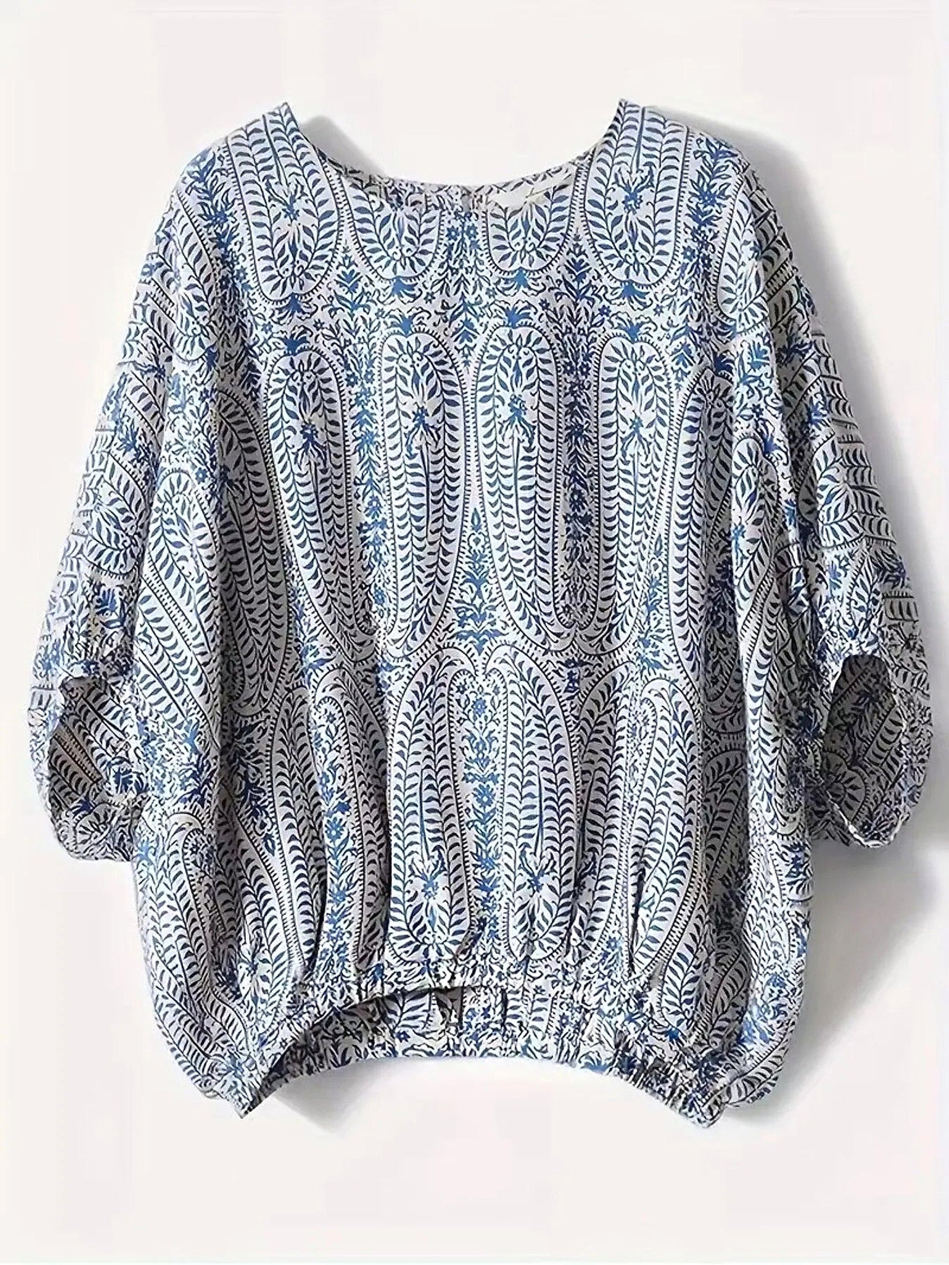 Bohemian Print Round Neck Loose Batwing Sleeve Blouse - enhanced image 8