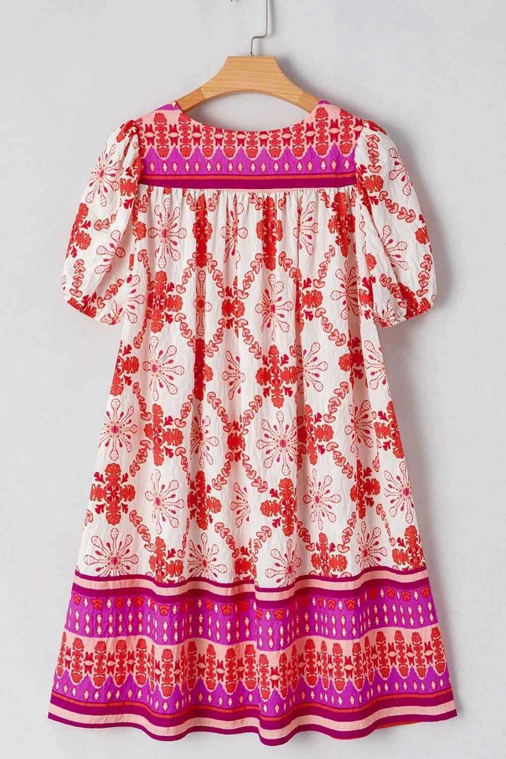 Boho Floral Short Sleeve Tie Neck Mini Dress - enhanced image 8