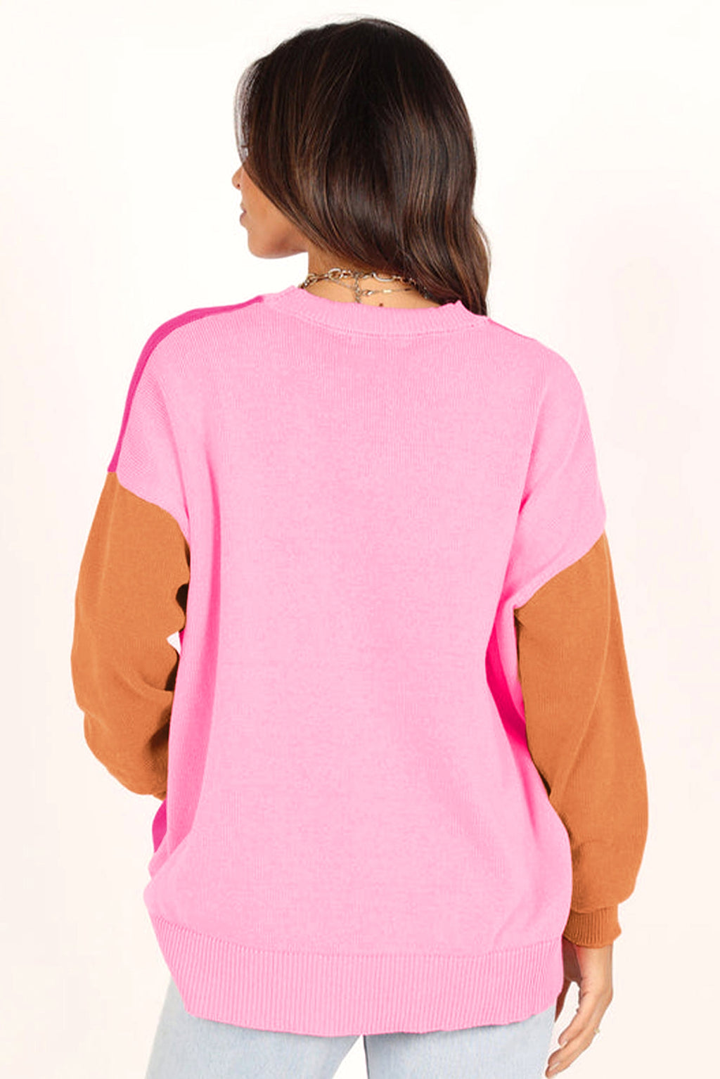 Bonbon Three Tone Contrast Round Neck Loose Sweater - enhanced image 8