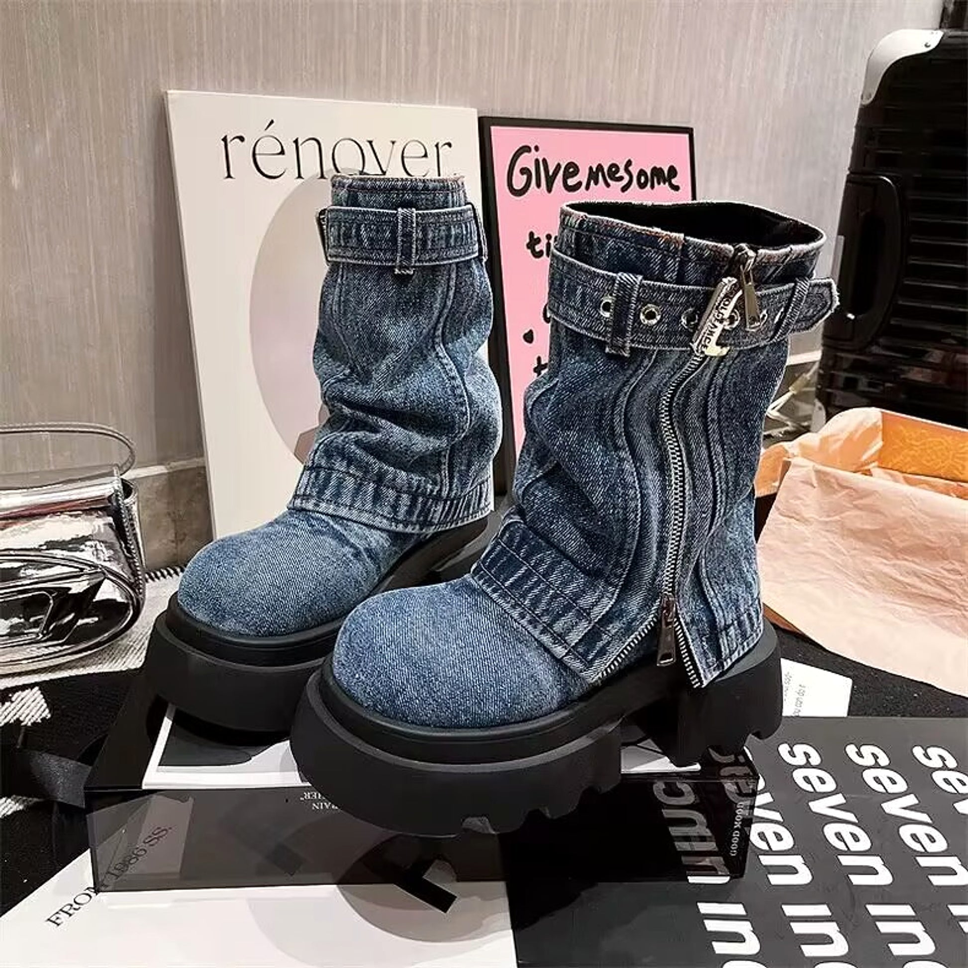 Boots Denim Fake Two Pieces Pile Style Boots Motorcycle Boots - enhanced image 8