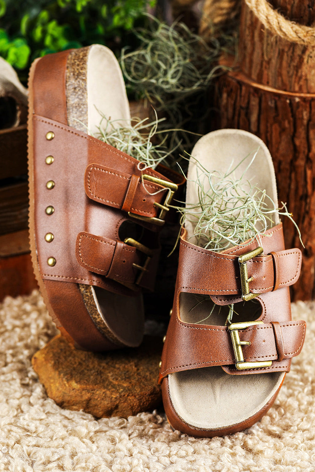 Chestnut Dual Buckle Studded Platform Sandal Slippers - enhanced image 8