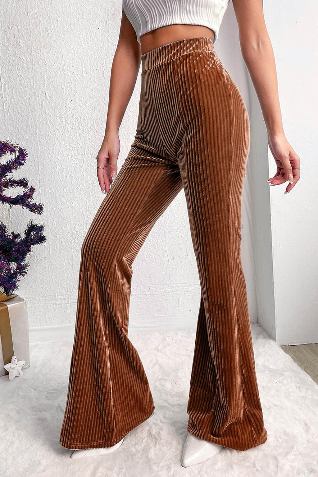 Chestnut Solid Color High Waist Flare Corduroy Pants - enhanced image 8