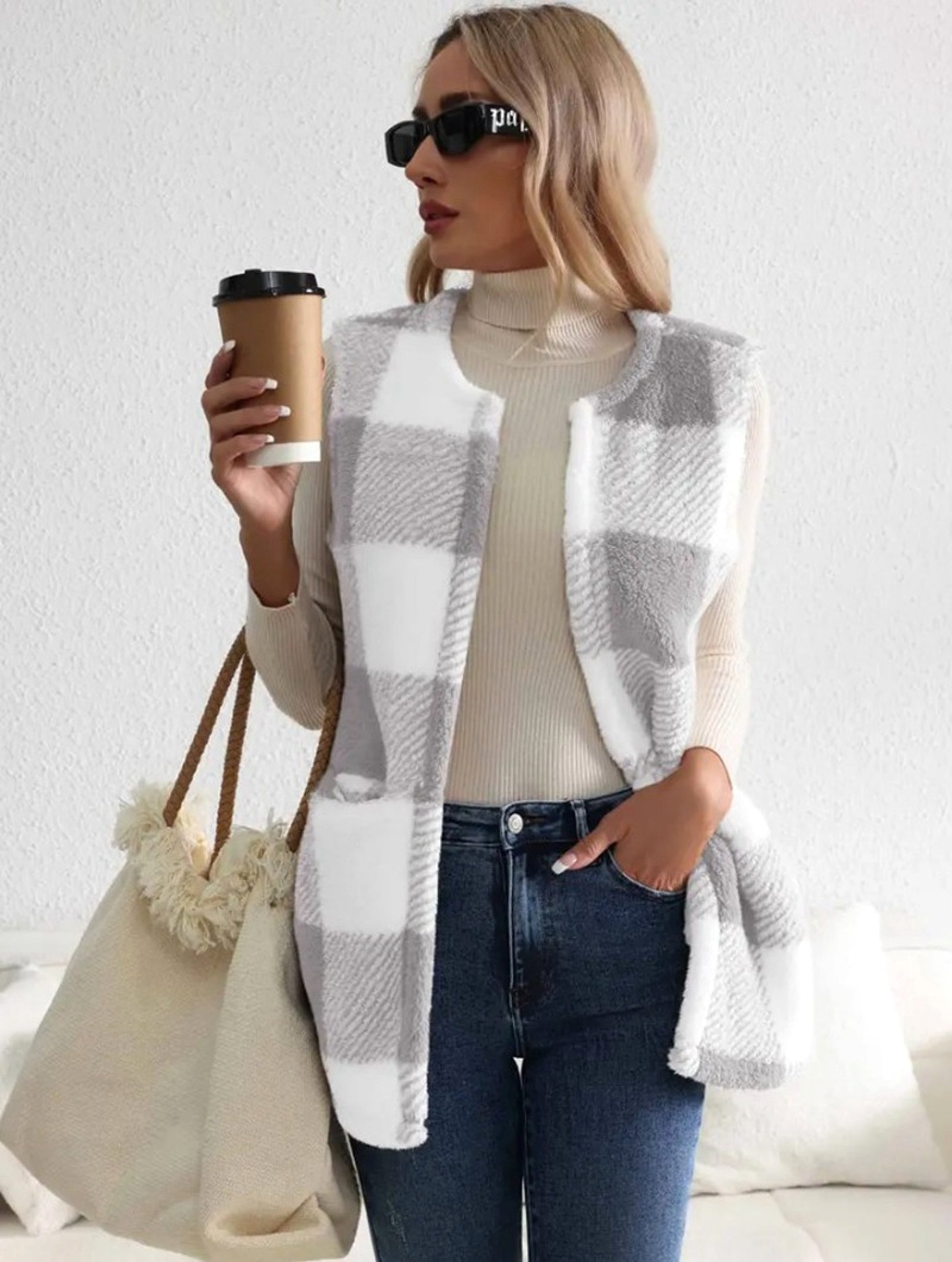 A.1 Coat Loose Plaid Color Stitching Knitted Cardigan Sweater Women - enhanced image 8