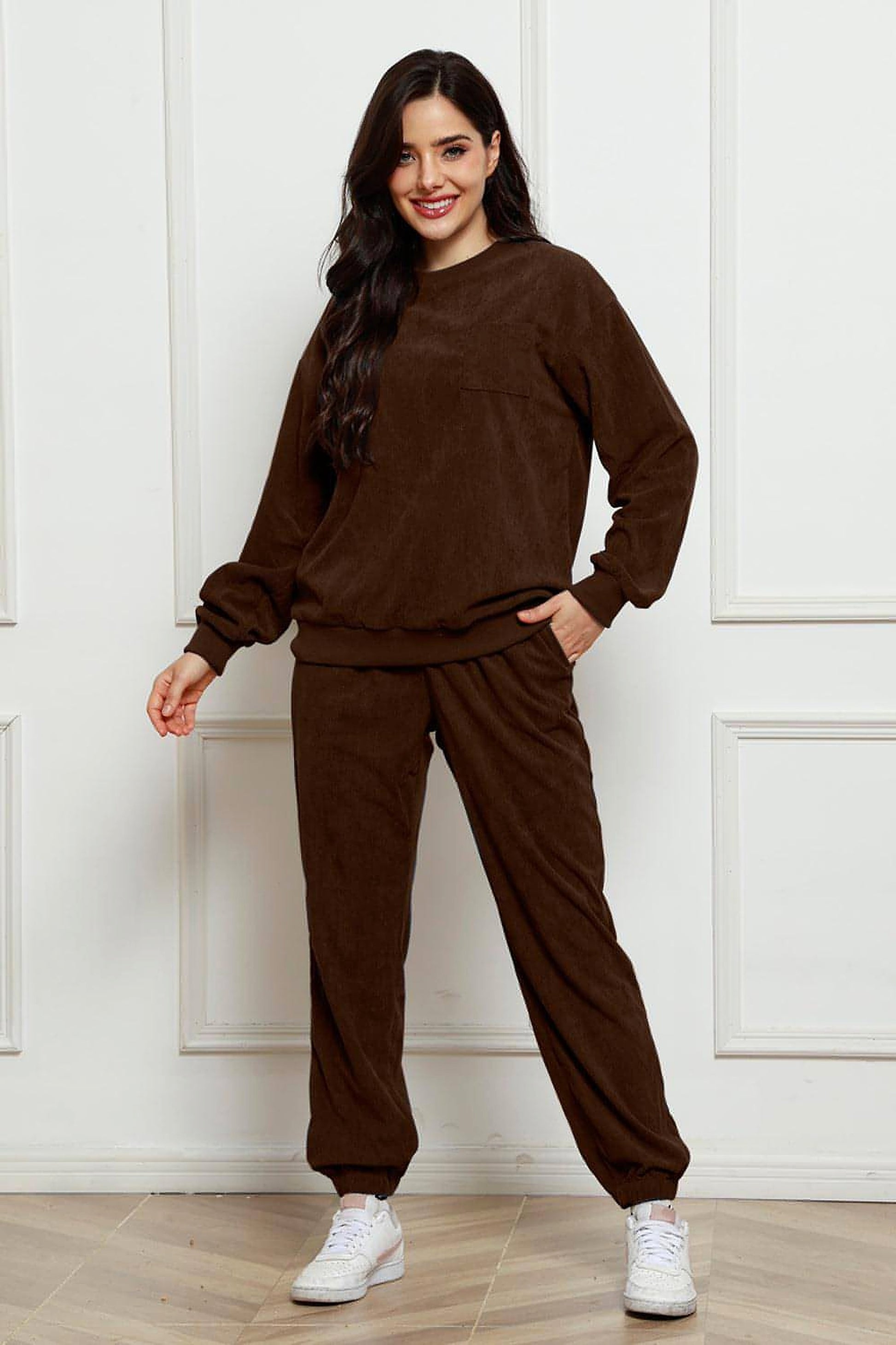 Corduroy Round Neck Sweatshirt and Sweatpants Set - enhanced image 8