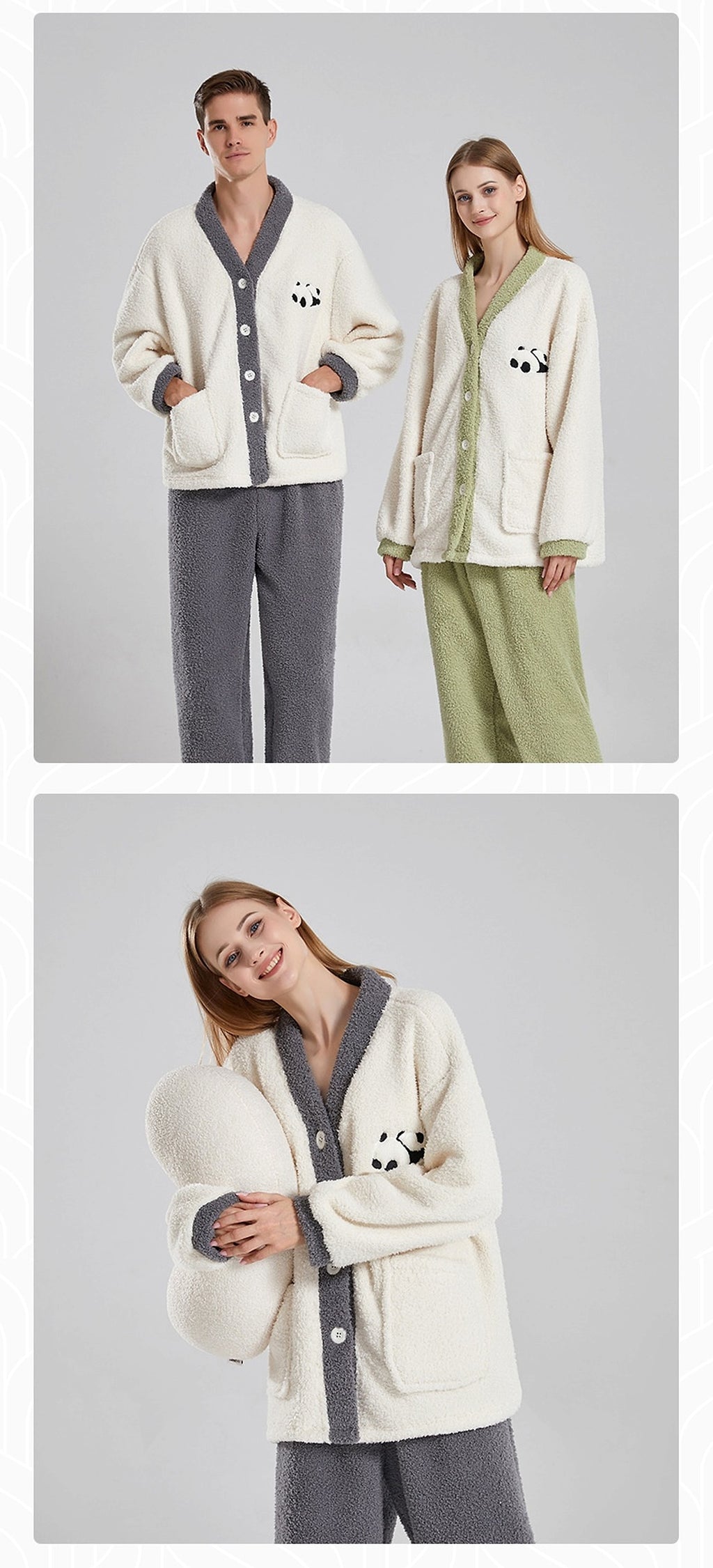 Couple Pajamas Women Winter Coral Fleece Thickened Casual Clothes Half Velvet Cartoon Panda Couple Pajamas Suit - enhanced image 8