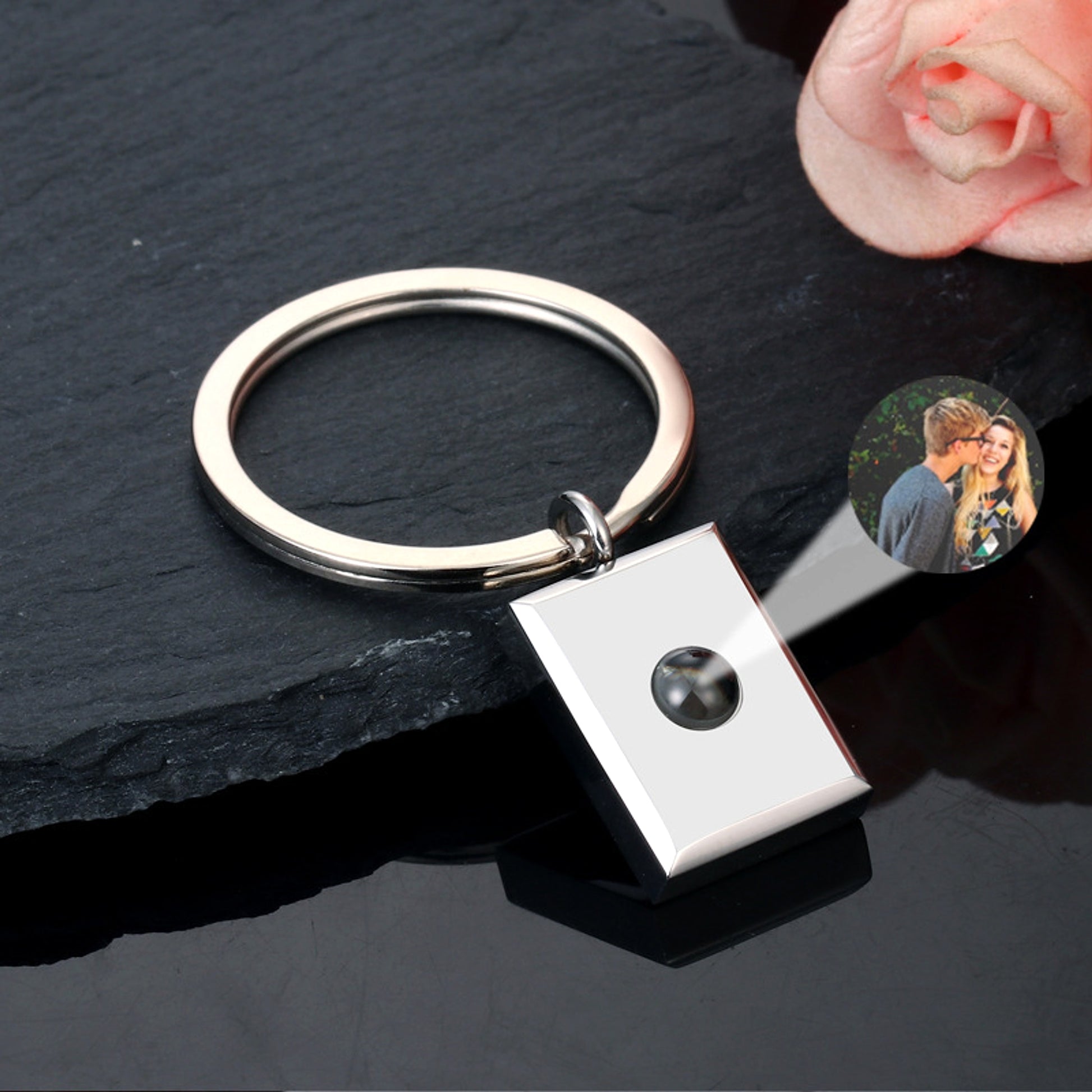 Customized Square Keychain Pendant with Bracelet & Projection Photo - enhanced image 8