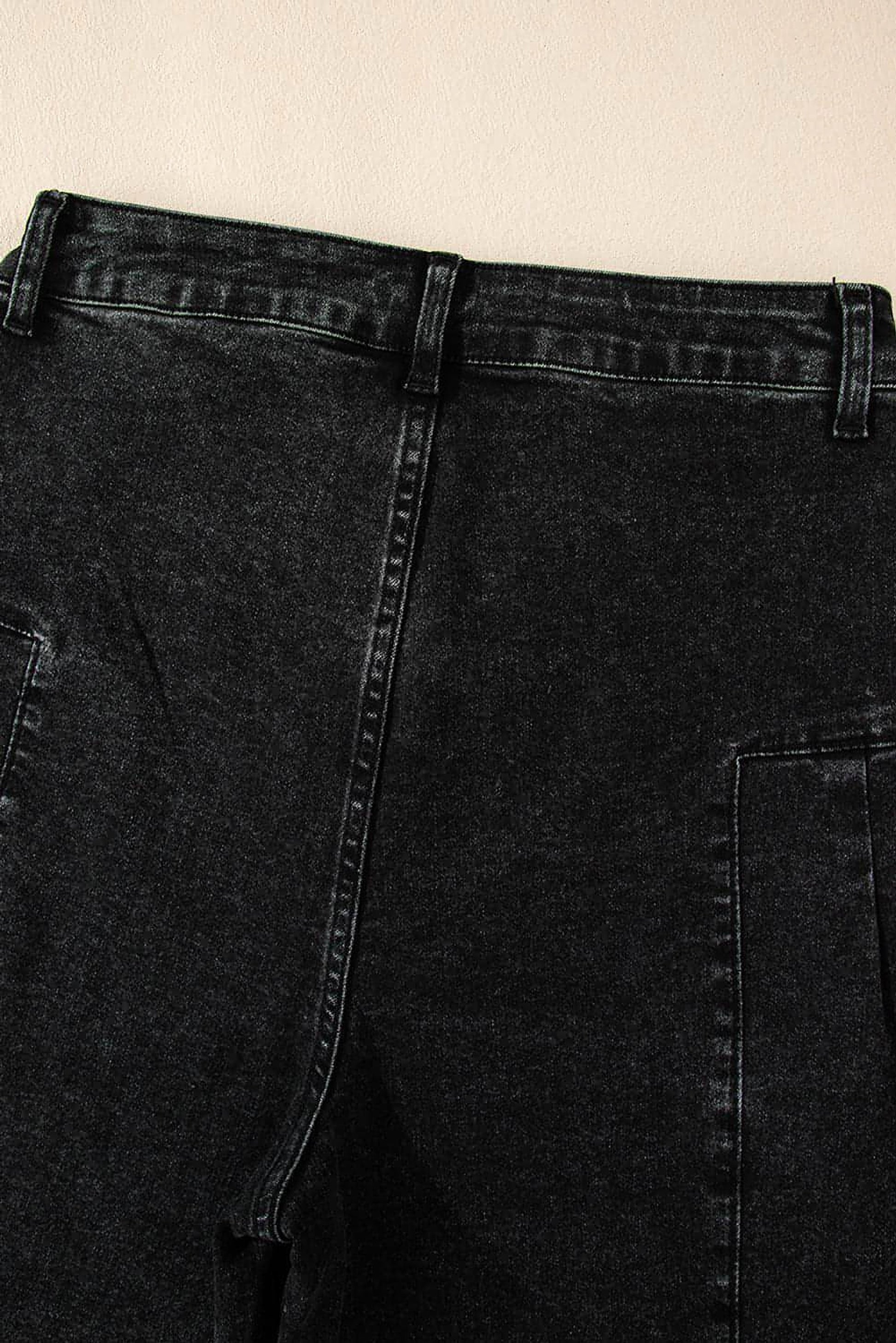 Dark Grey Pleated Wide Leg Mineral Wash Denim Pants - enhanced image 8