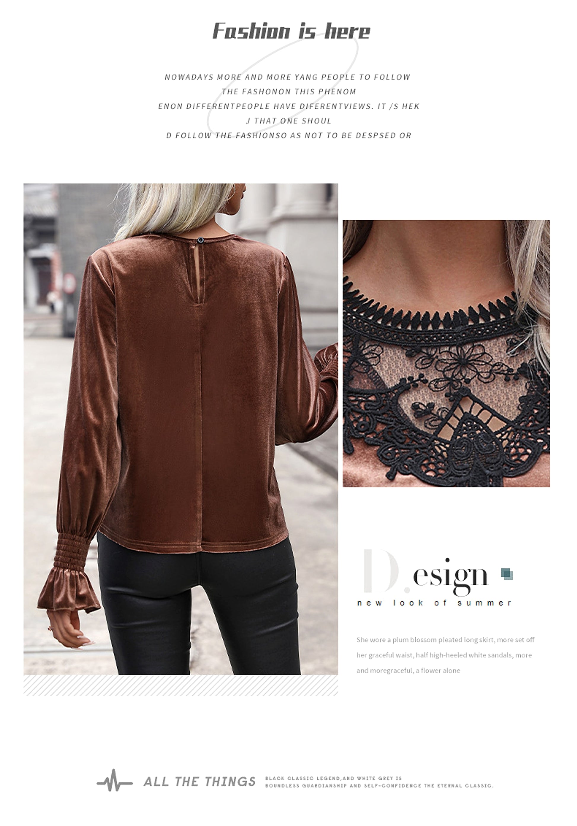 Elegant Velvet T-shirt Lace Stitching Smocking Loose Long Sleeve Top - enhanced image 8