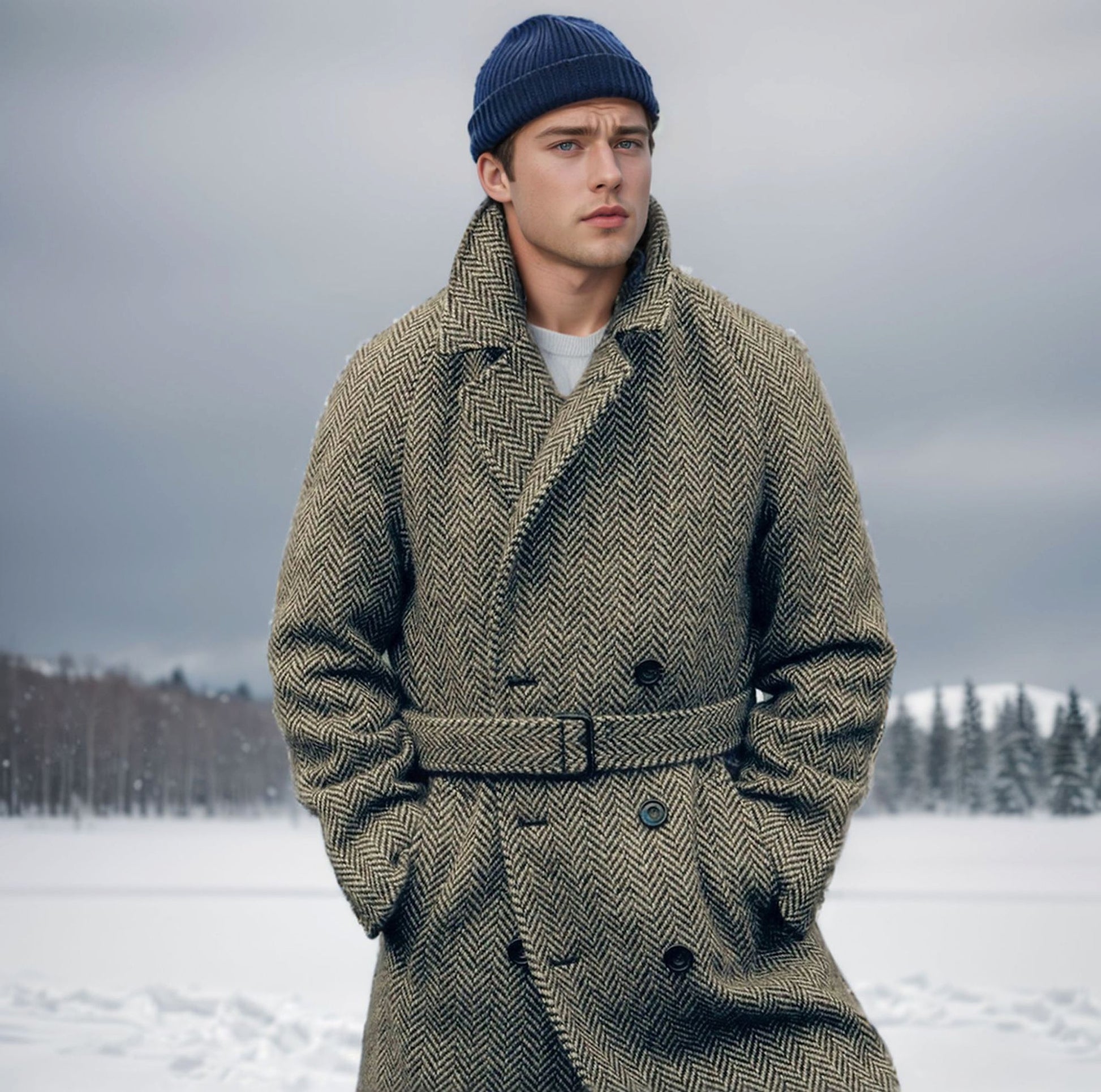 Fall Winter Men Mid-length Woolen Plaid Double Breasted Cotton Padded Thickened Coat - enhanced image 8