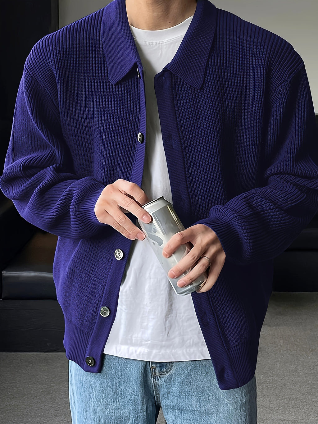 Fashion Solid Color Simple Men's Knitwear Cardigan Sweater Coat - enhanced image 8