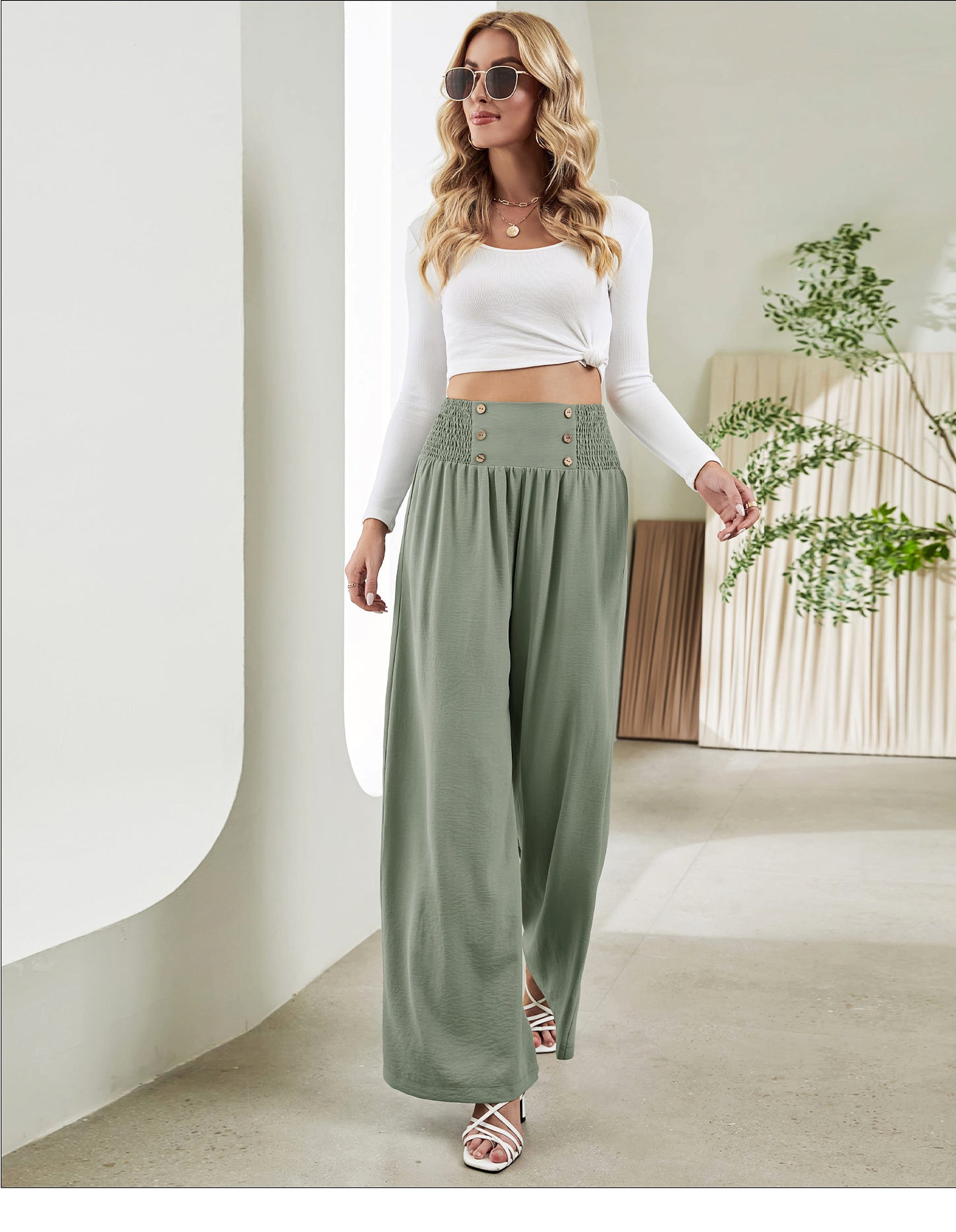 Fashion Straight Wide Leg Pants Elastic High Waist Casual Trousers For Women - enhanced image 8