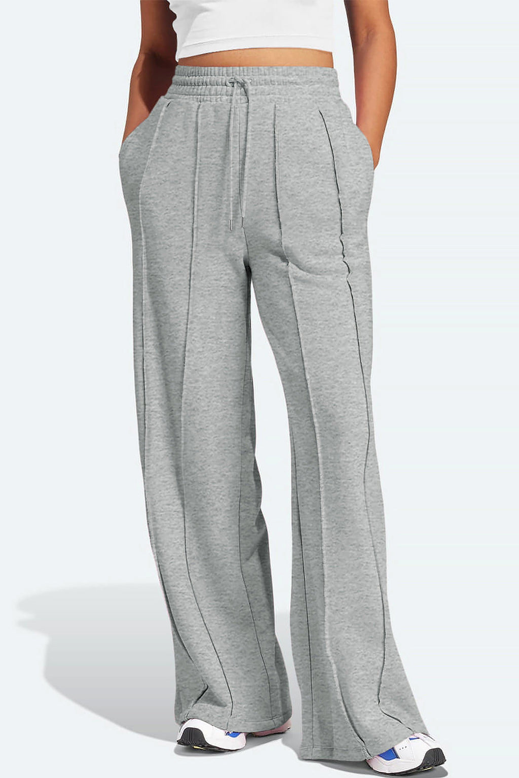 Gray Seamed Drawstring High Waist Wide Leg Sweatpants - enhanced image 8