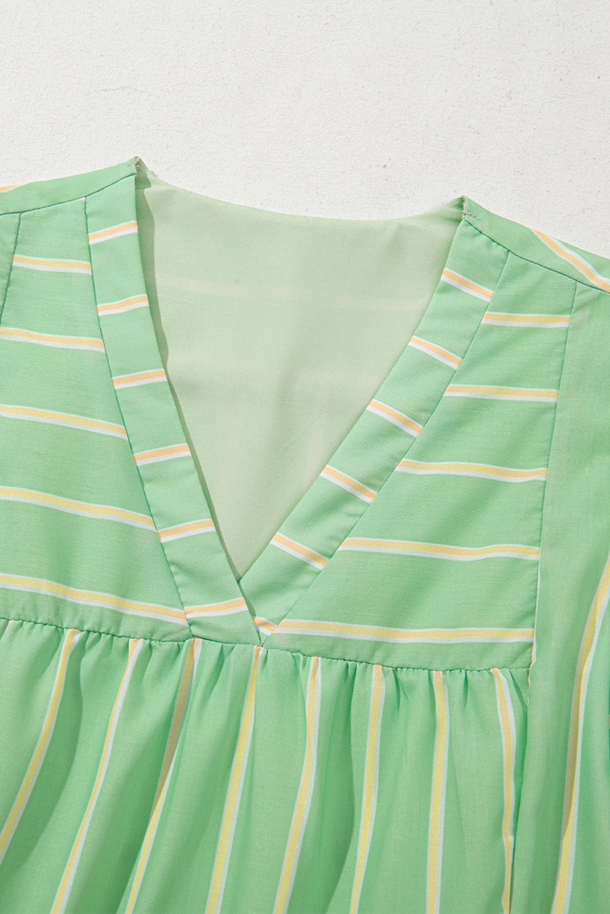 Green Stripe V Neck Short Sleeve Frilled Detail A-line Dress - enhanced image 8