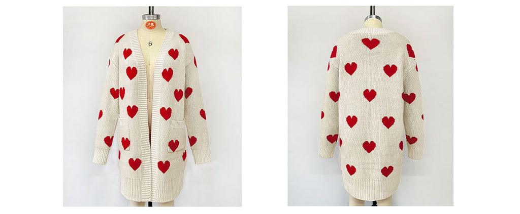 Heart Knitted Cardigan Love Pocket V-neck Mid-length Sweater - enhanced image 8
