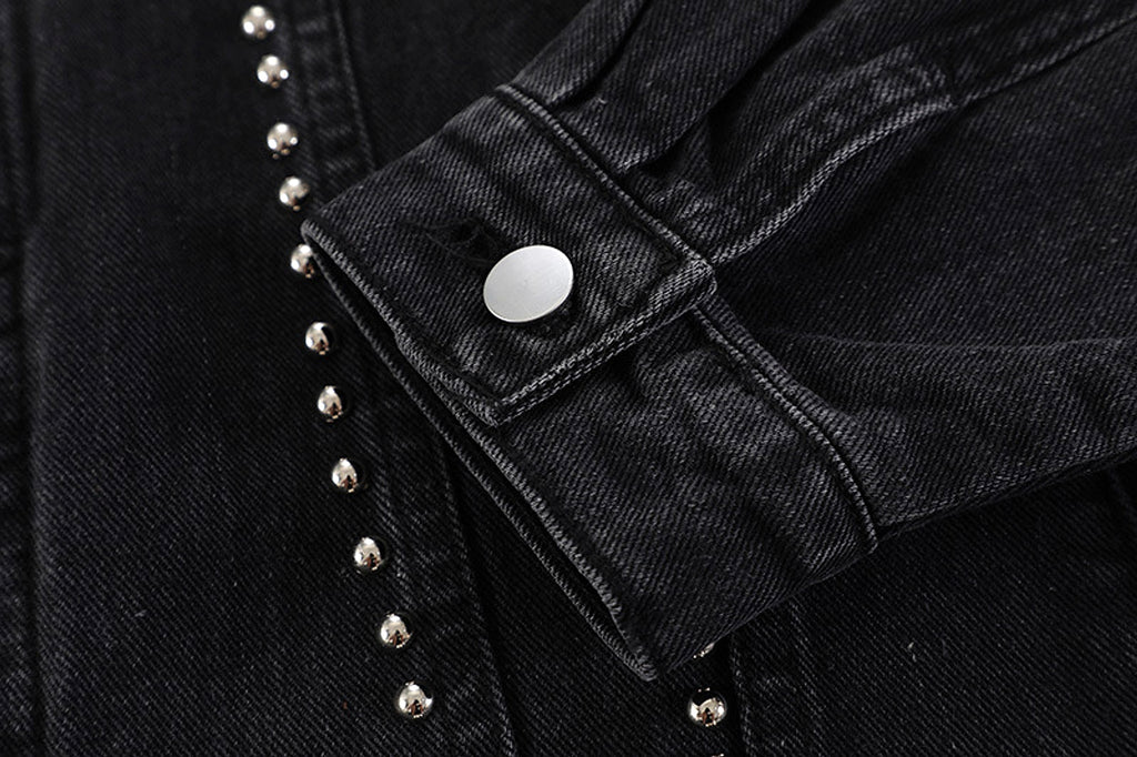 Heavy Beaded Black Denim Jacket For Men And Women - enhanced image 8