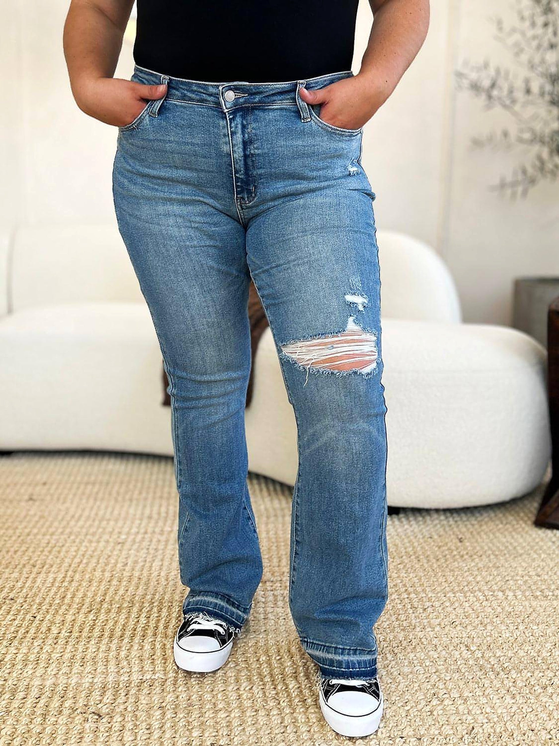 Judy Blue Full Size Mid Rise Destroyed Hem Distressed Jeans - enhanced image 8