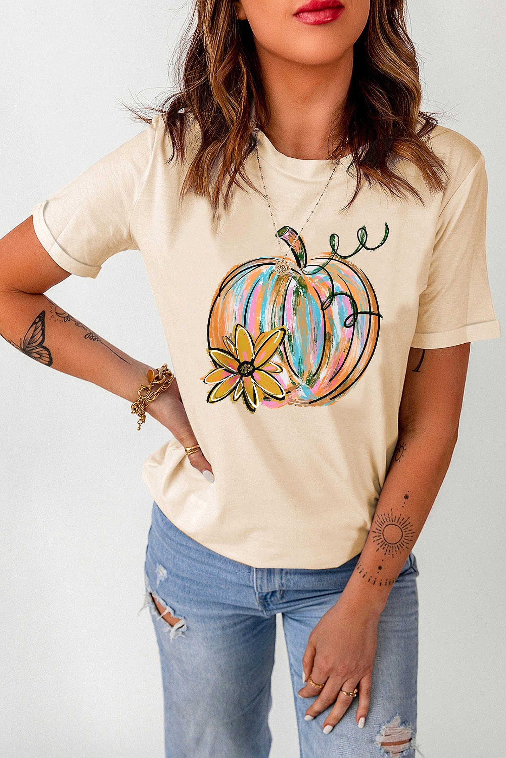 Khaki Pumpkin with Flower Graphic T Shirt - enhanced image 8