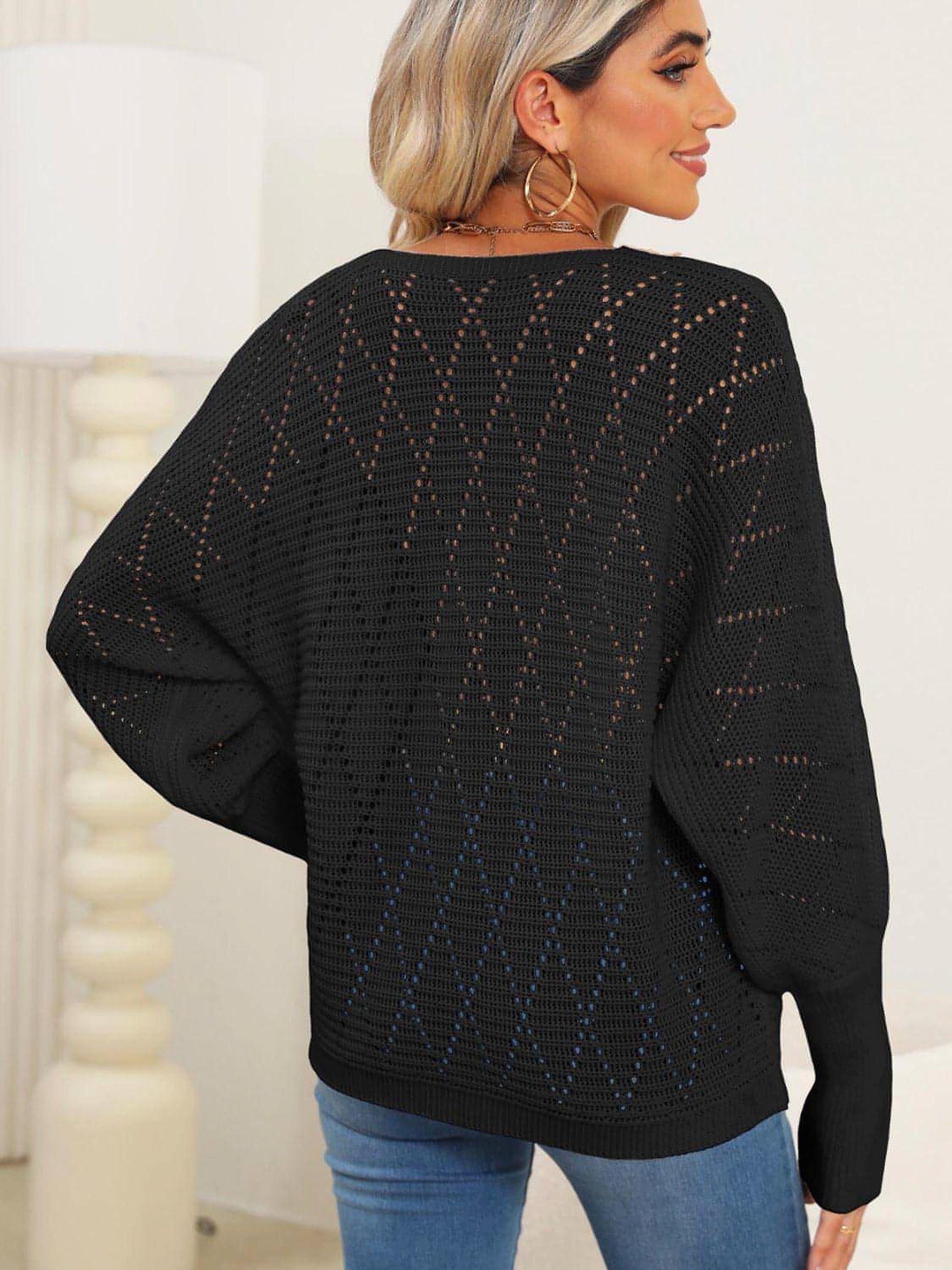 Lace Detail V-Neck Long Sleeve Sweater - enhanced image 8