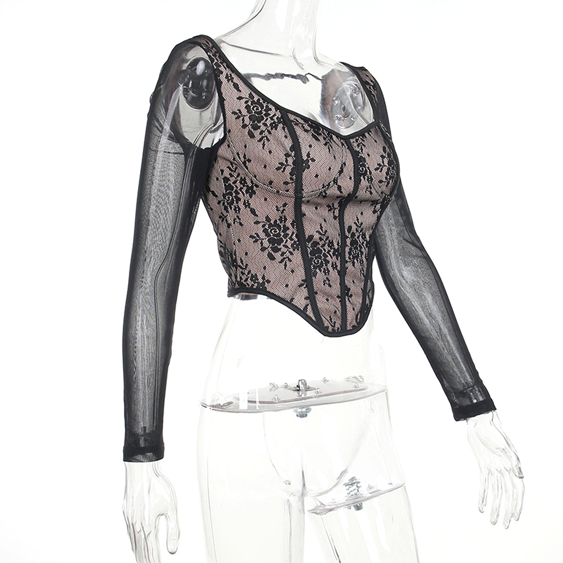 A1. Lace Stitching Girdle Printed Long-sleeved T-Shirt Women - enhanced image 8