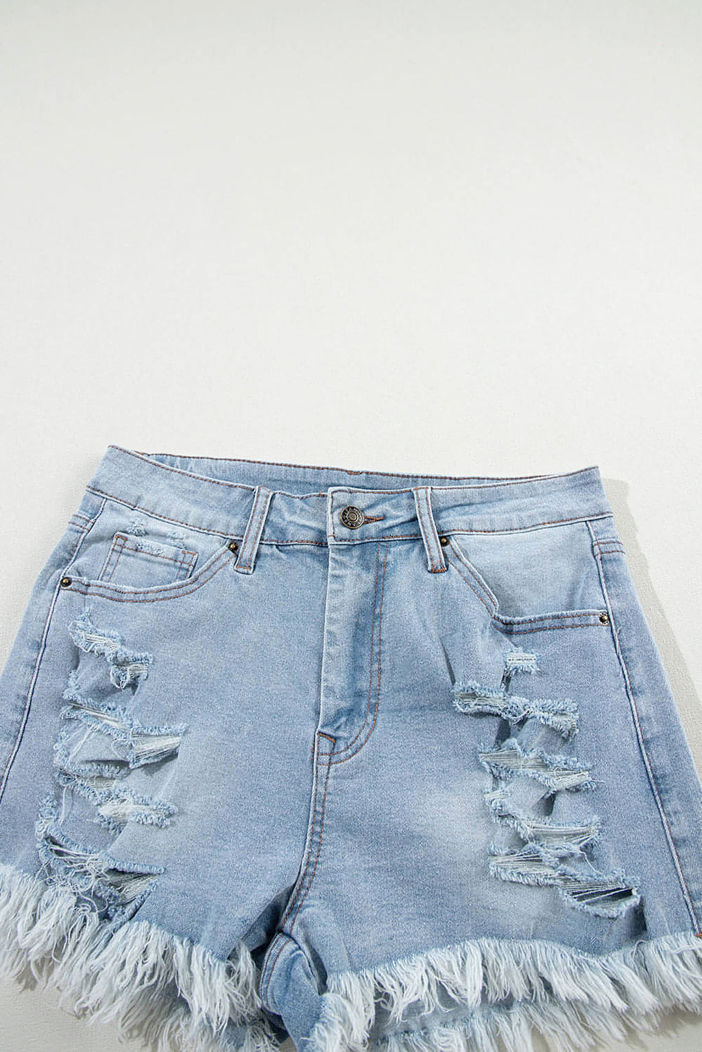 Light Blue Distressed Ripped Raw Hem High Waist Denim Shorts - enhanced image 8