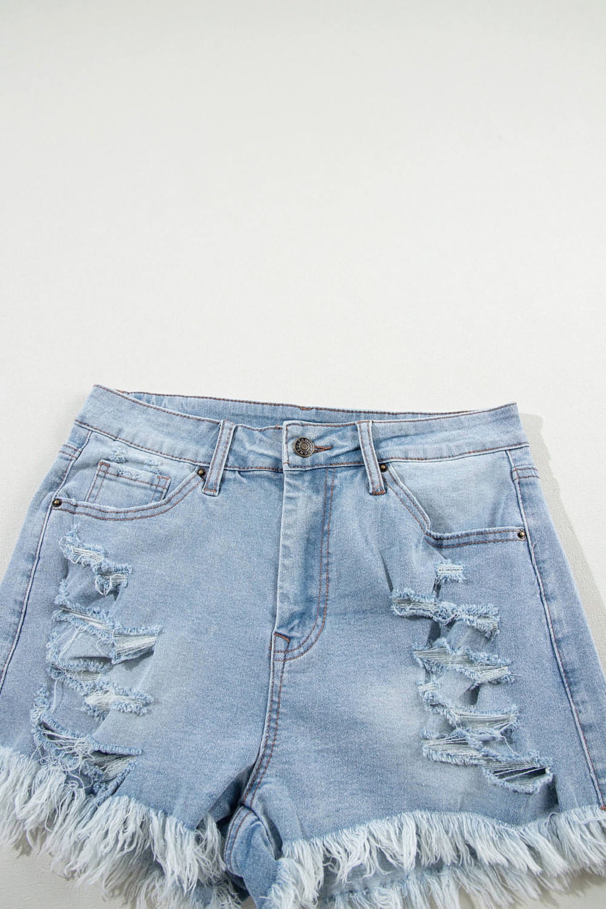 Light Blue Distressed Ripped Raw Hem High Waist Denim Shorts - enhanced image 8