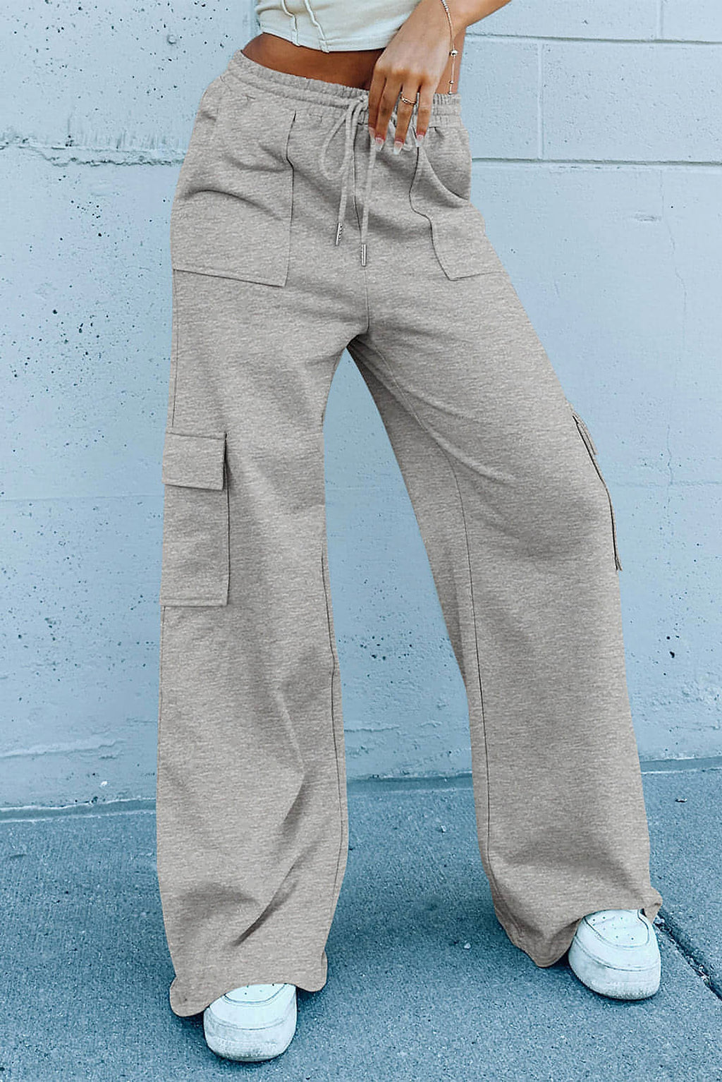 Light Grey Multi Pockets Lace-up High Waist Wide Leg Workout Pants - enhanced image 8