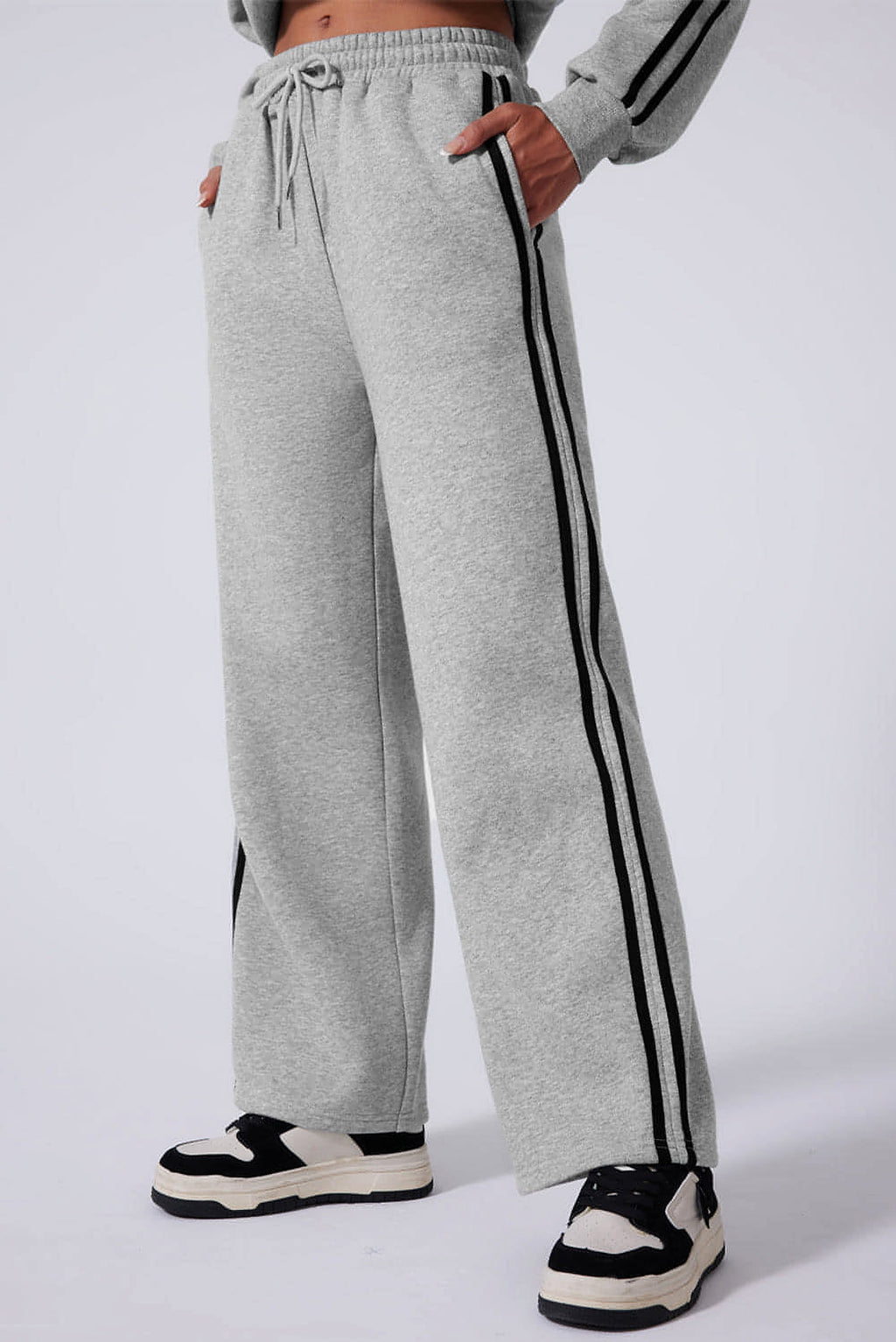 Light Grey Solid Color Side Striped Sweatshirt Active Set - enhanced image 8