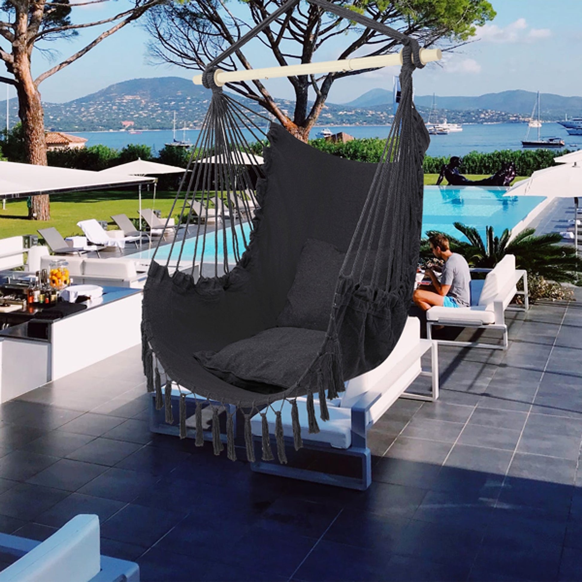 LuneluX – Boho Hanging Chair with Fringe & Cushions (Gray) - enhanced image 8