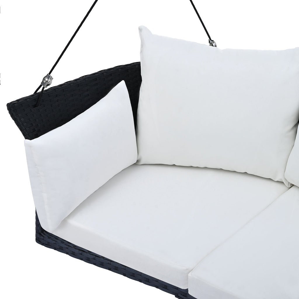 LuneluX_Home – Hanging Rattan Porch Swing for 2 (Black Wicker + White Cushions) - enhanced image 8