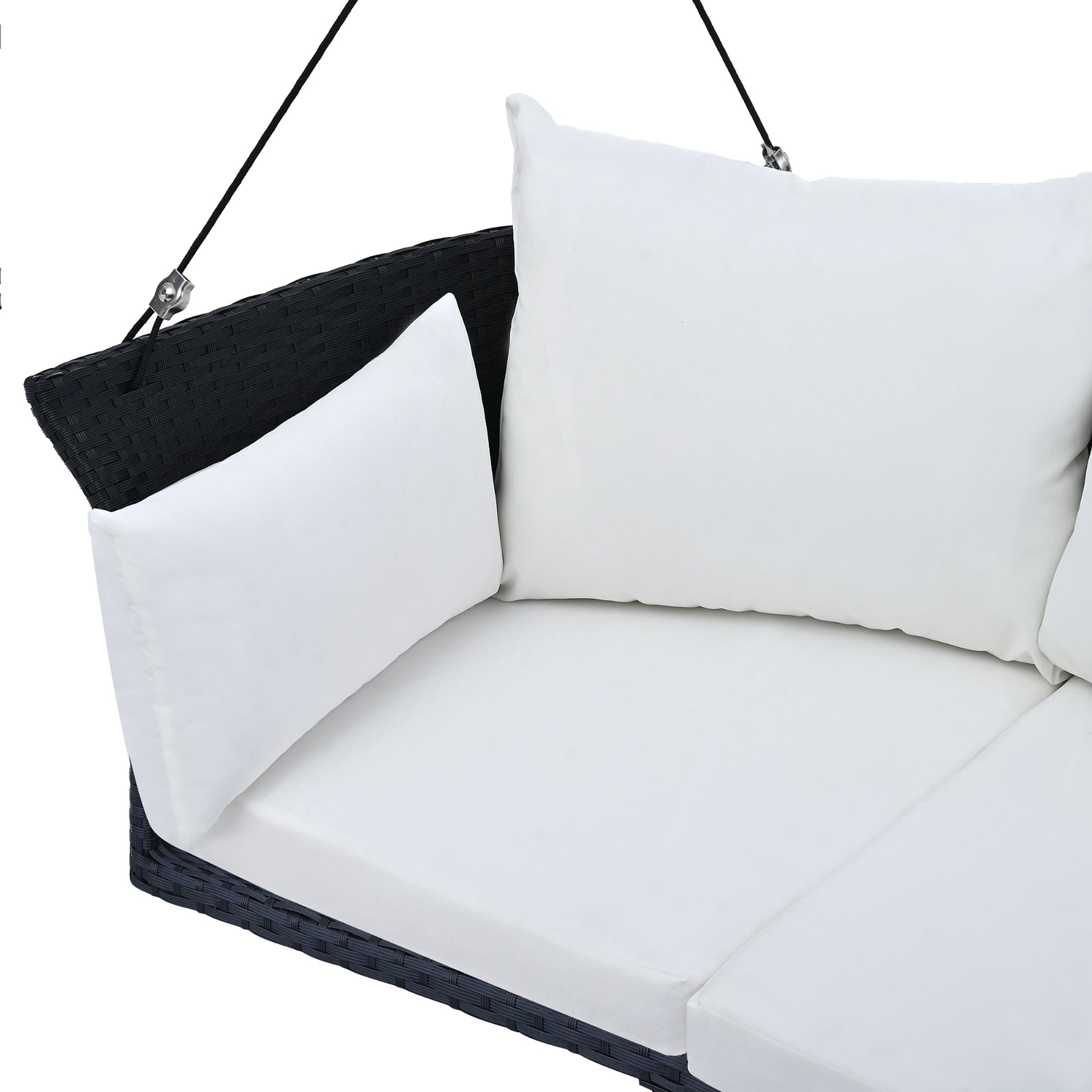 LuneluX_Home – Hanging Rattan Porch Swing for 2 (Black Wicker + White Cushions) - enhanced image 8